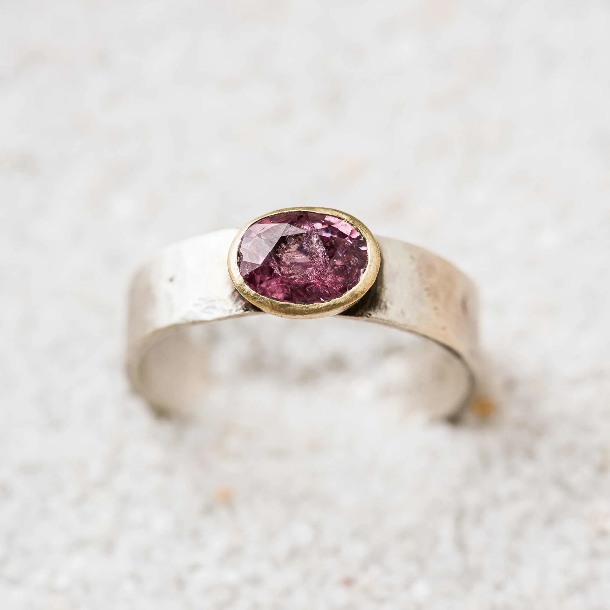 Blush Pink Spinel East-West Mixed Metal Ring on Cigar Band