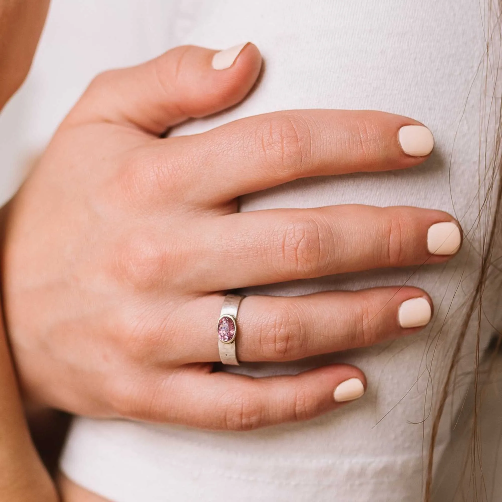 Blush Pink Spinel East-West Mixed Metal Ring on Cigar Band