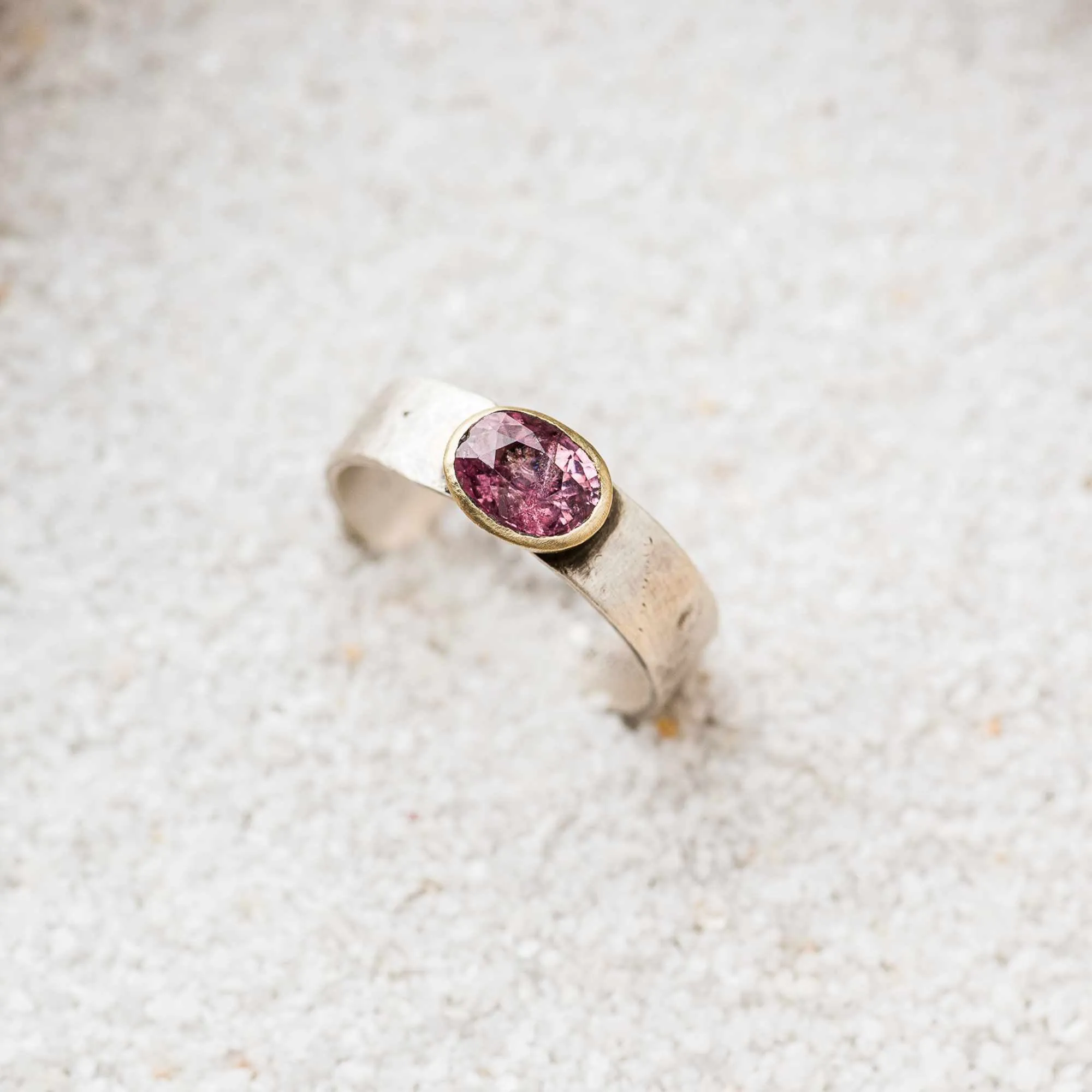 Blush Pink Spinel East-West Mixed Metal Ring on Cigar Band