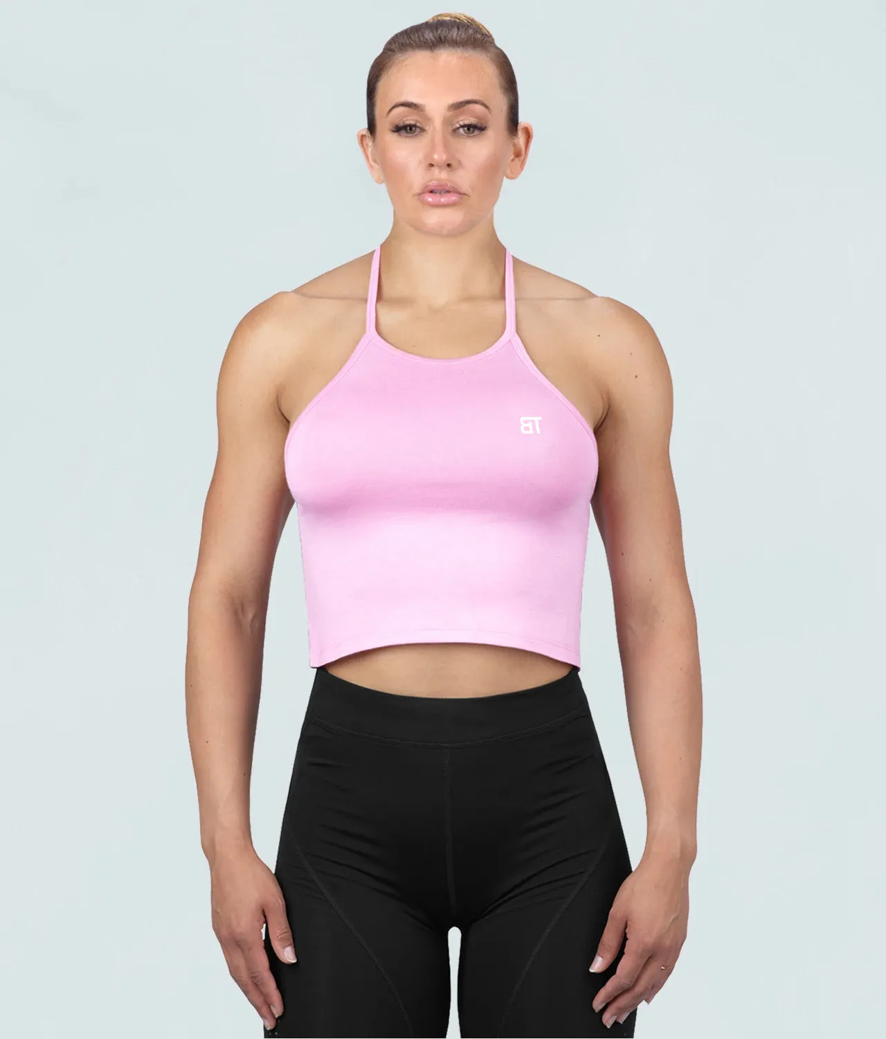 Born Tough Core Pink Sheer Halter Bodybuilding Top for Women