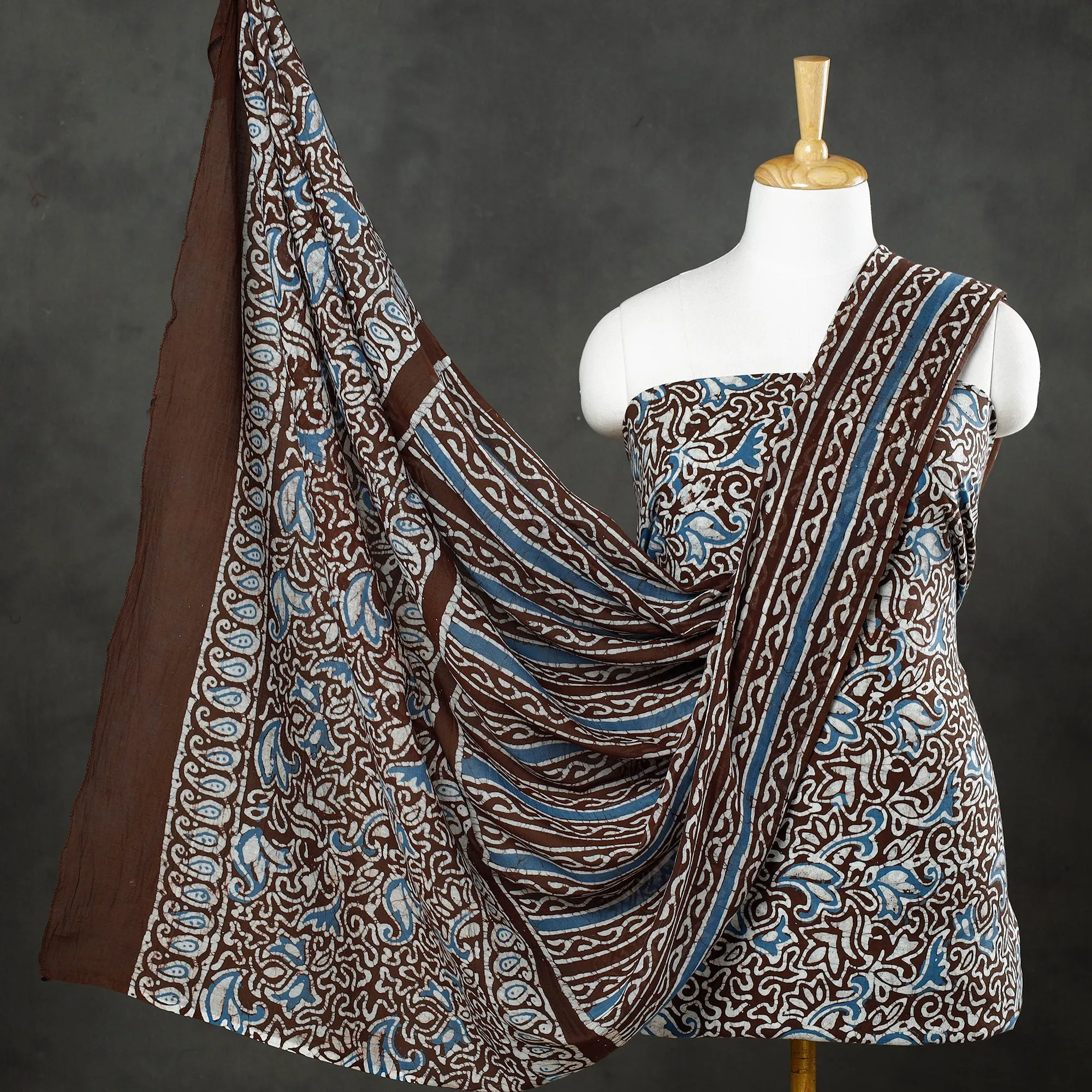 Brown - 3pc Kutch Batik Print Cotton Dress Material 01