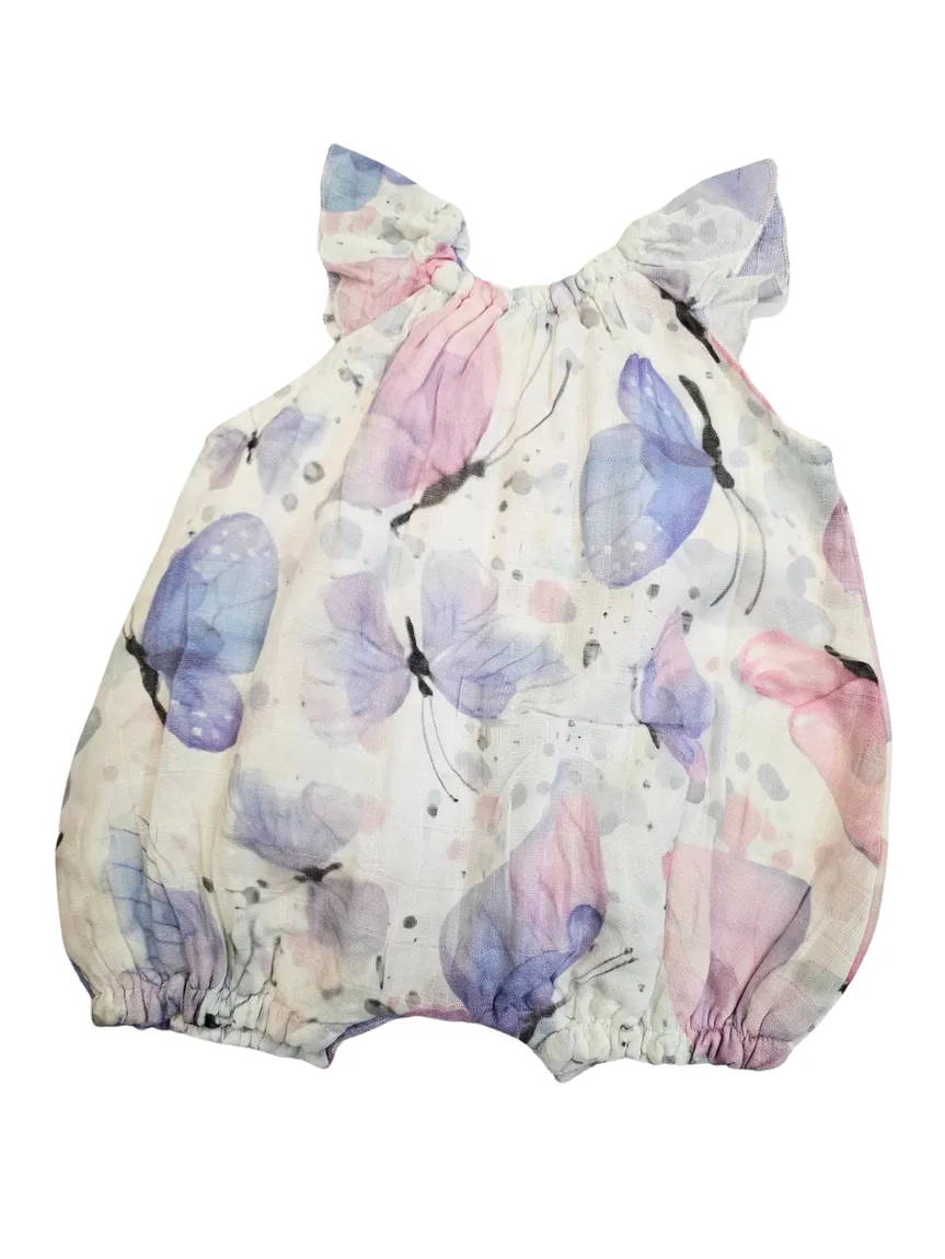 Bubble Romper -  Butterfly Kisses - 100% Cotton / Gauze - Ruffle Sleeve - Elastic leg - Baby - BUTKIS242