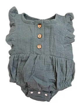 Bubble Romper -  Solid Green 100% Cotton / Gauze - Ruffle Sleeve - Elastic leg - Baby