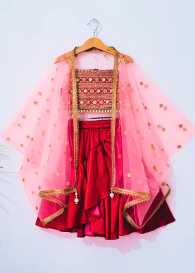 BYB PREMIUM double sided satin silk asymetric skirt with full embroidery top and cape dupatta