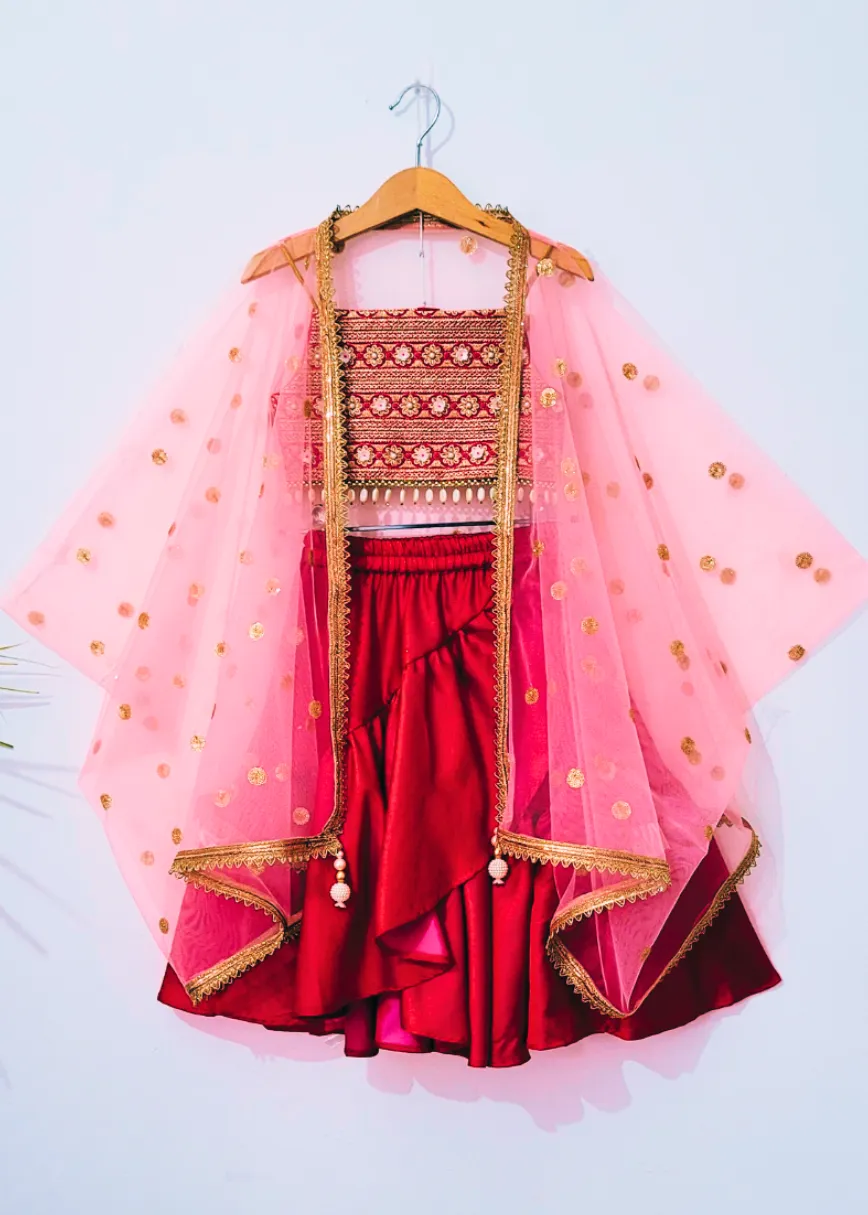 BYB PREMIUM double sided satin silk asymetric skirt with full embroidery top and cape dupatta
