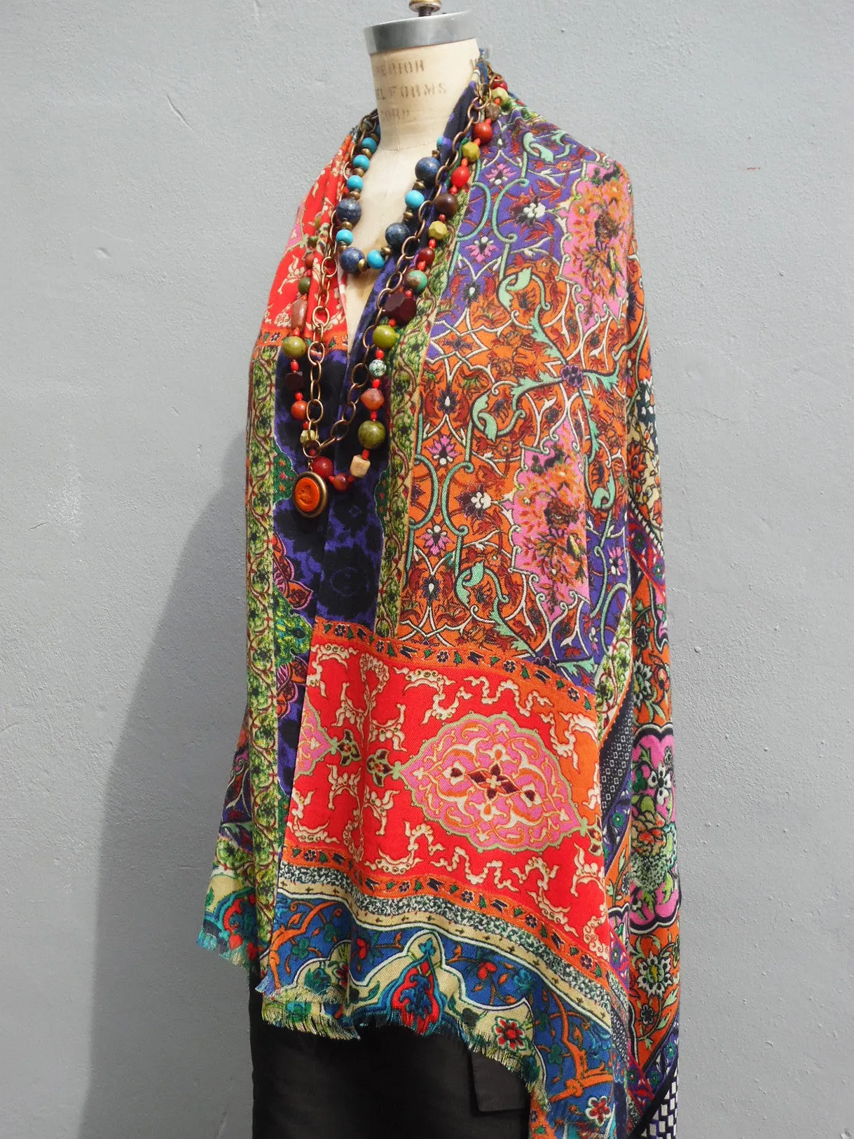 Cape Shawl Silk And Cashmere Navy And Brown Batik