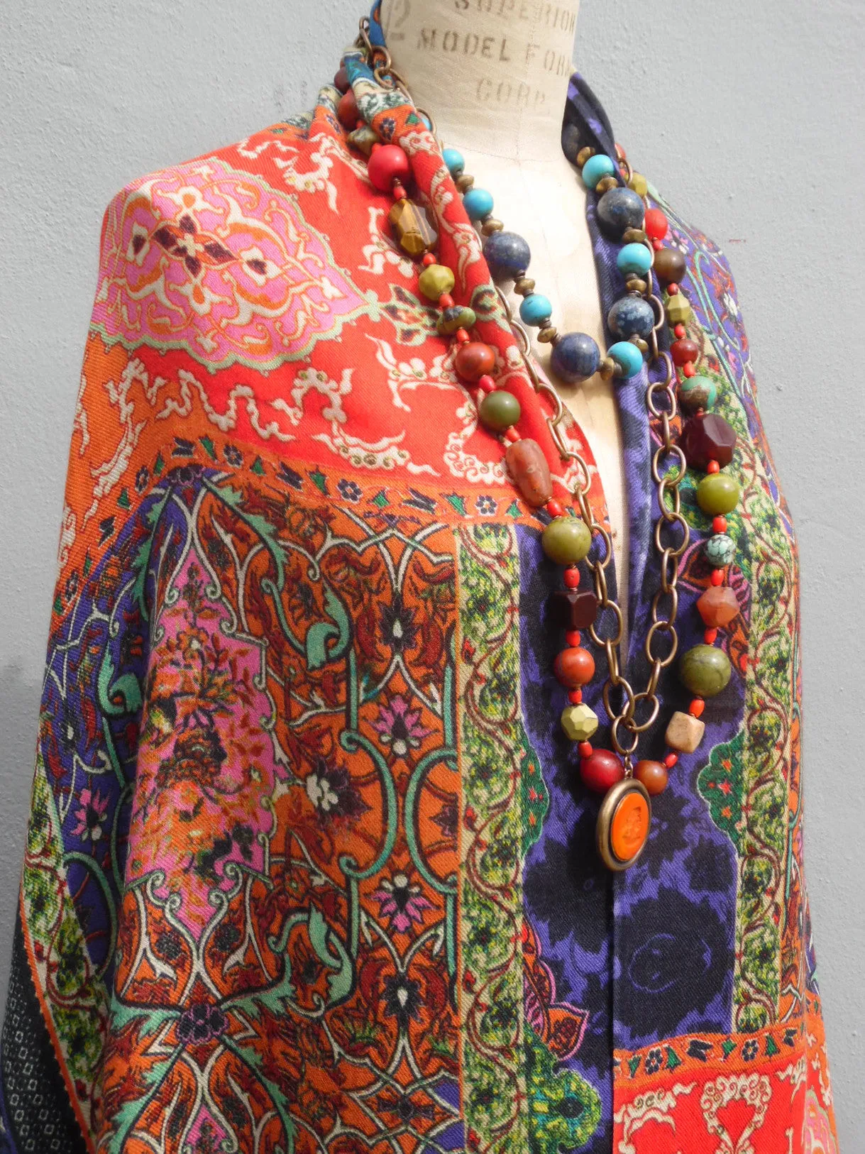 Cape Shawl Silk And Cashmere Navy And Brown Batik