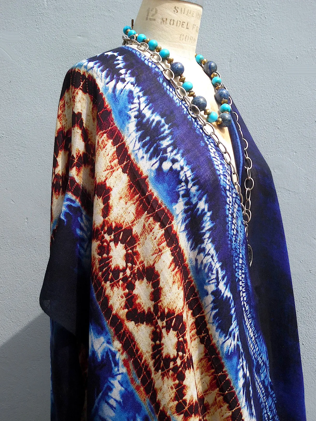 Cape Shawl Silk And Cashmere Navy And Brown Batik