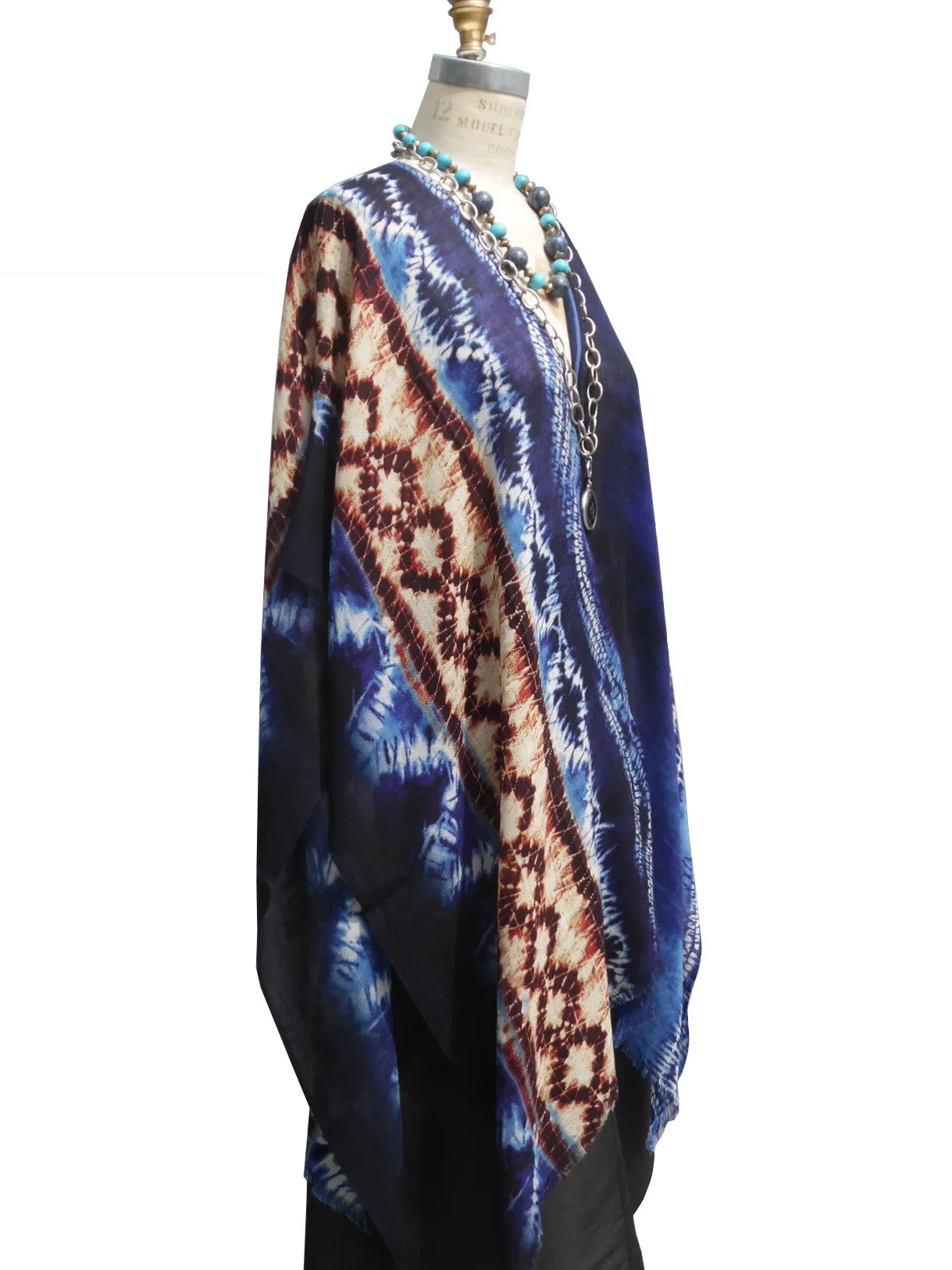 Cape Shawl Silk And Cashmere Navy And Brown Batik