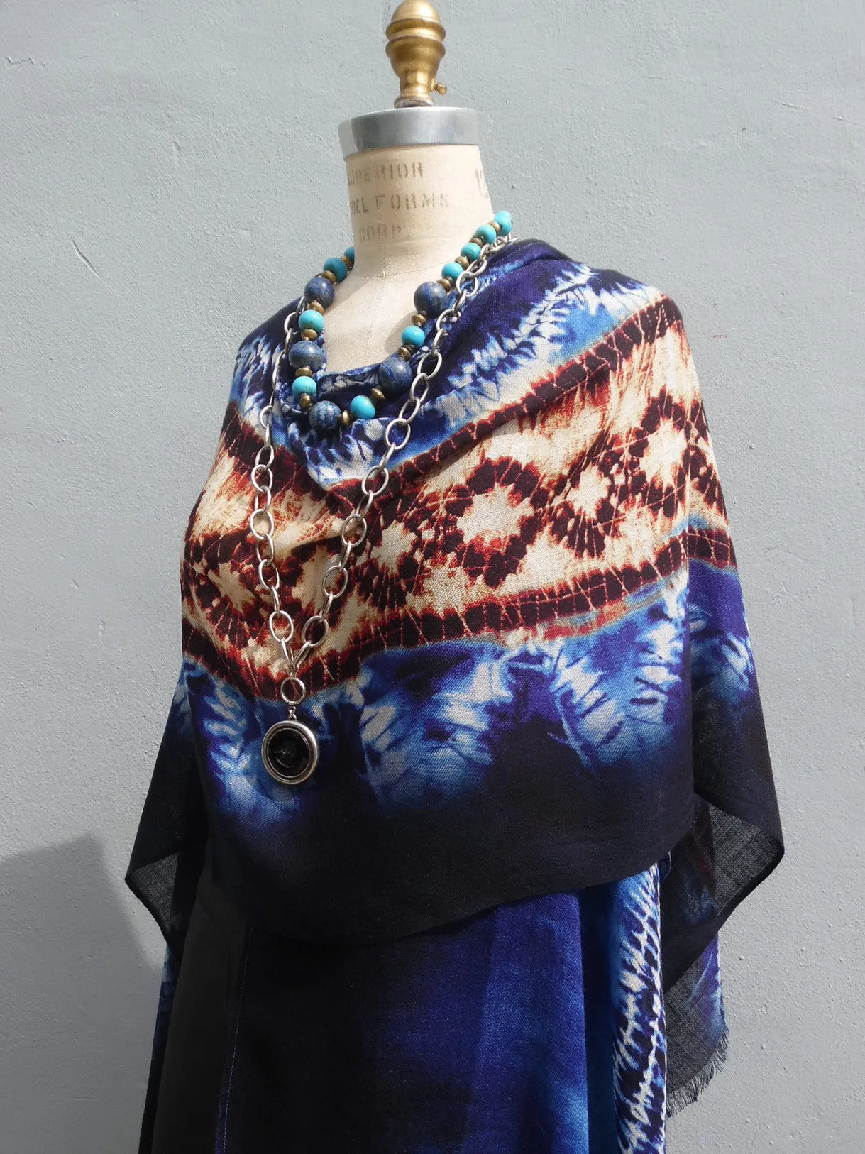 Cape Shawl Silk And Cashmere Navy And Brown Batik