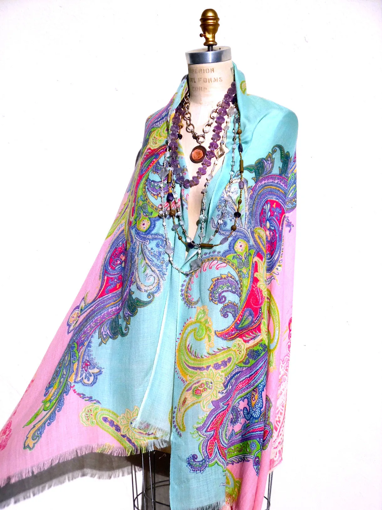 Cape Shawl Silk And Cashmere Navy And Brown Batik