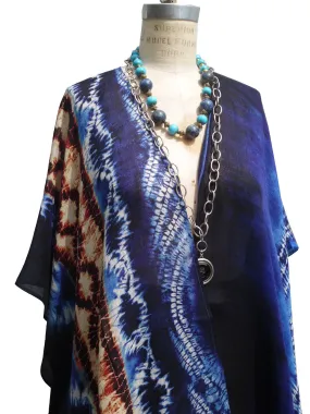 Cape Shawl Silk And Cashmere Navy And Brown Batik