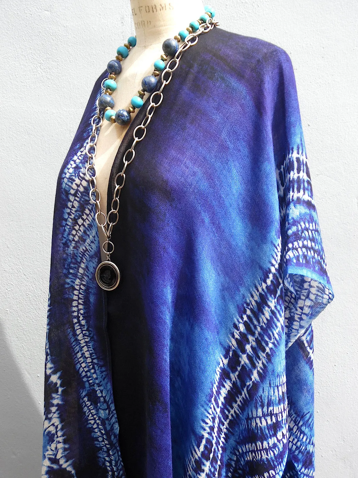 Cape Shawl Silk And Cashmere Navy And Brown Batik