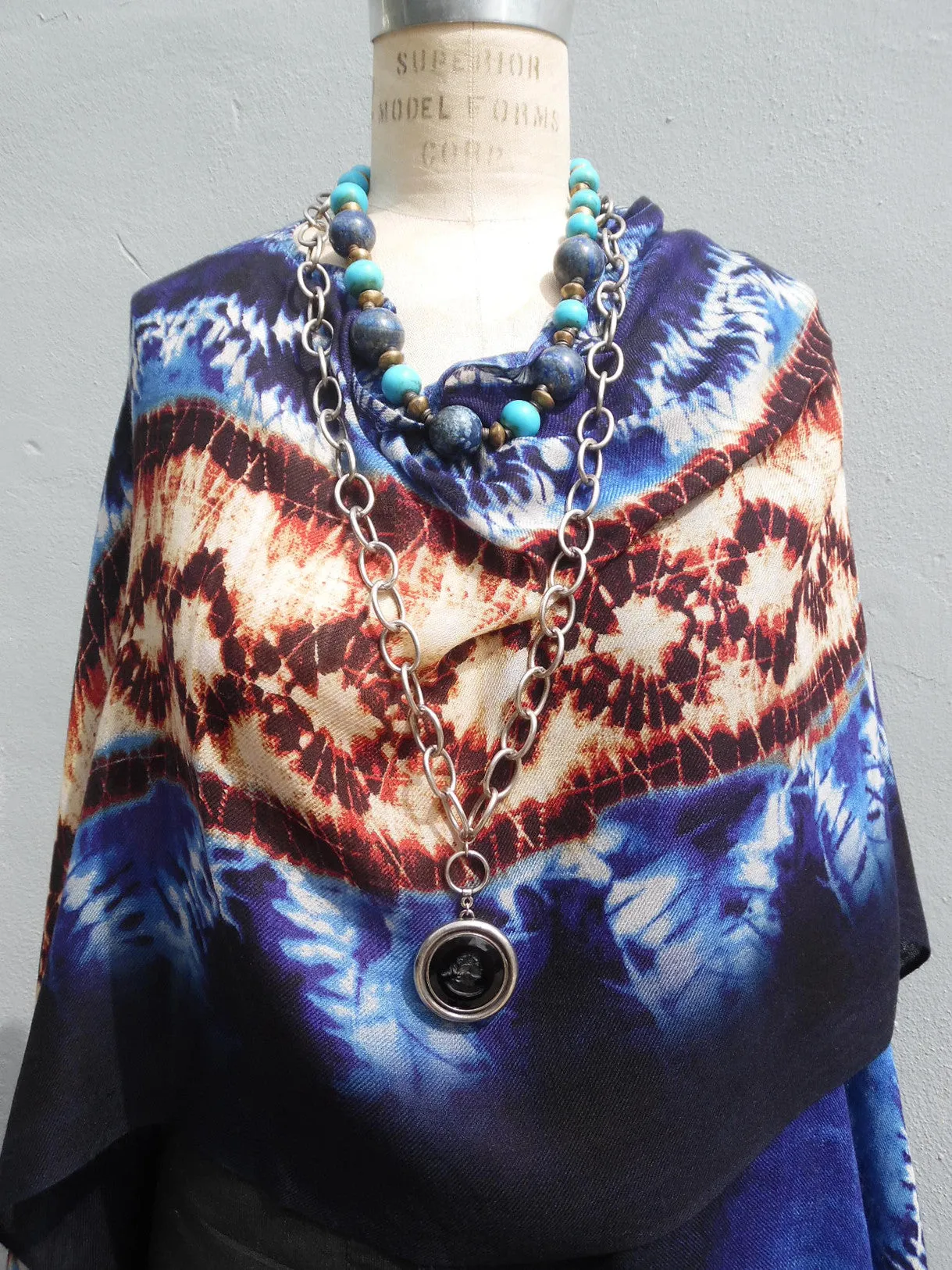 Cape Shawl Silk And Cashmere Navy And Brown Batik