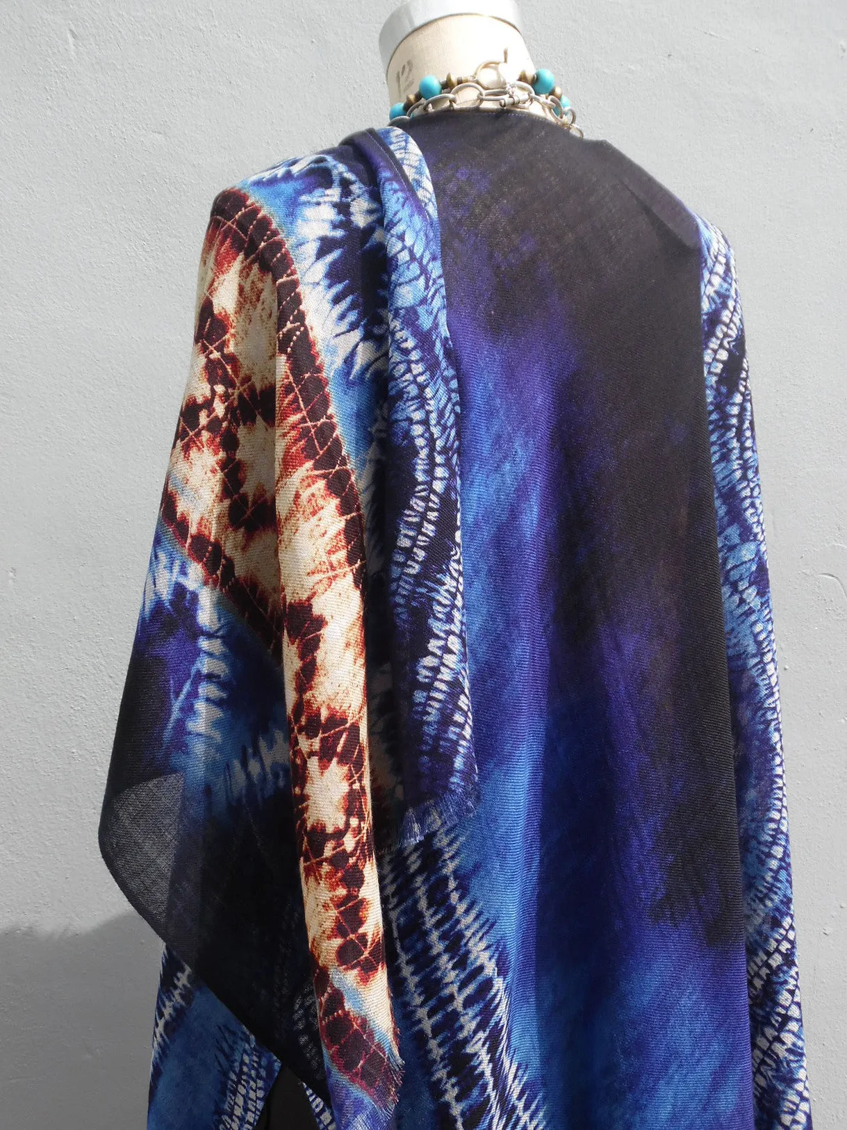 Cape Shawl Silk And Cashmere Navy And Brown Batik
