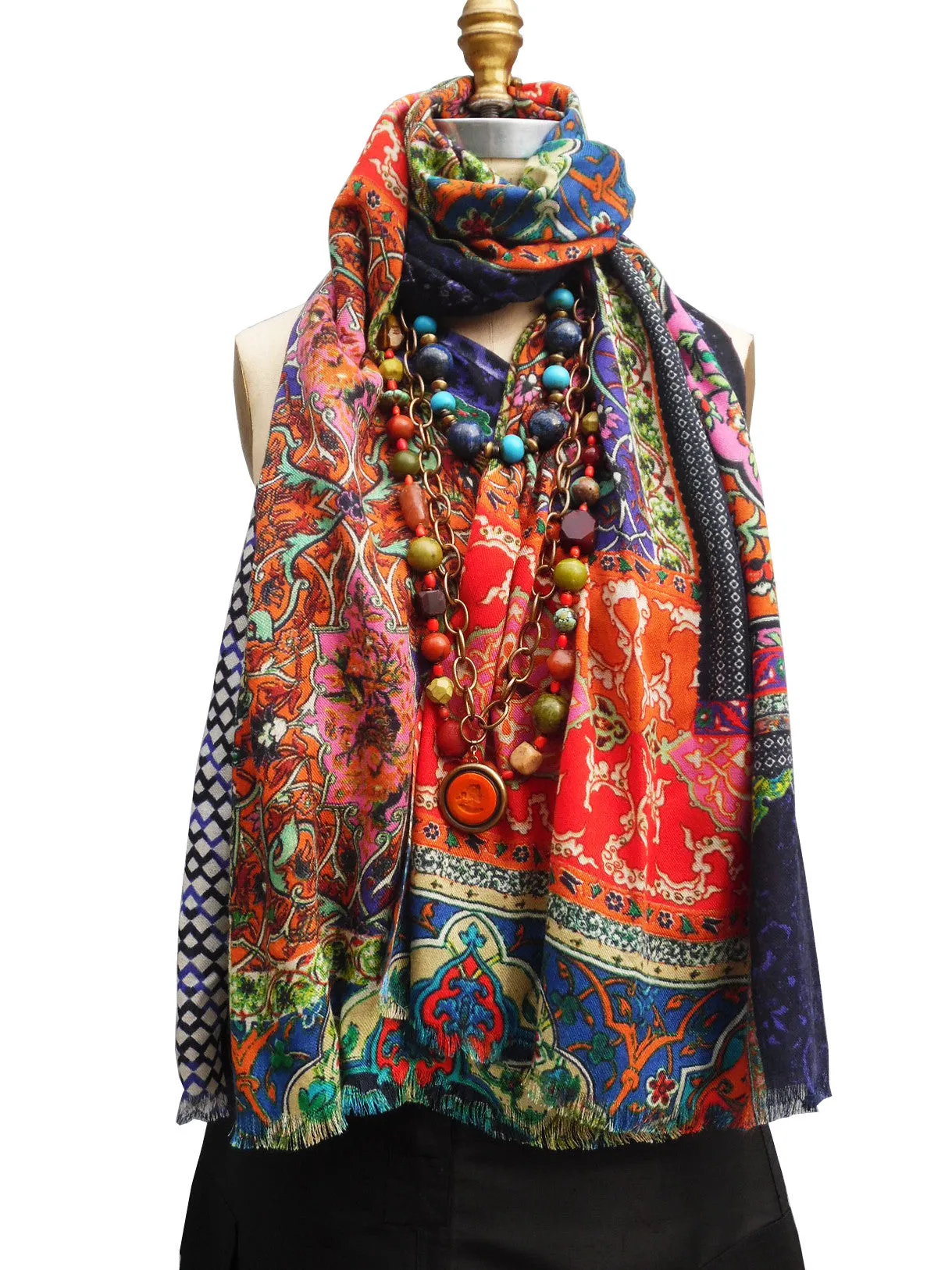 Cape Shawl Silk And Cashmere Navy And Brown Batik