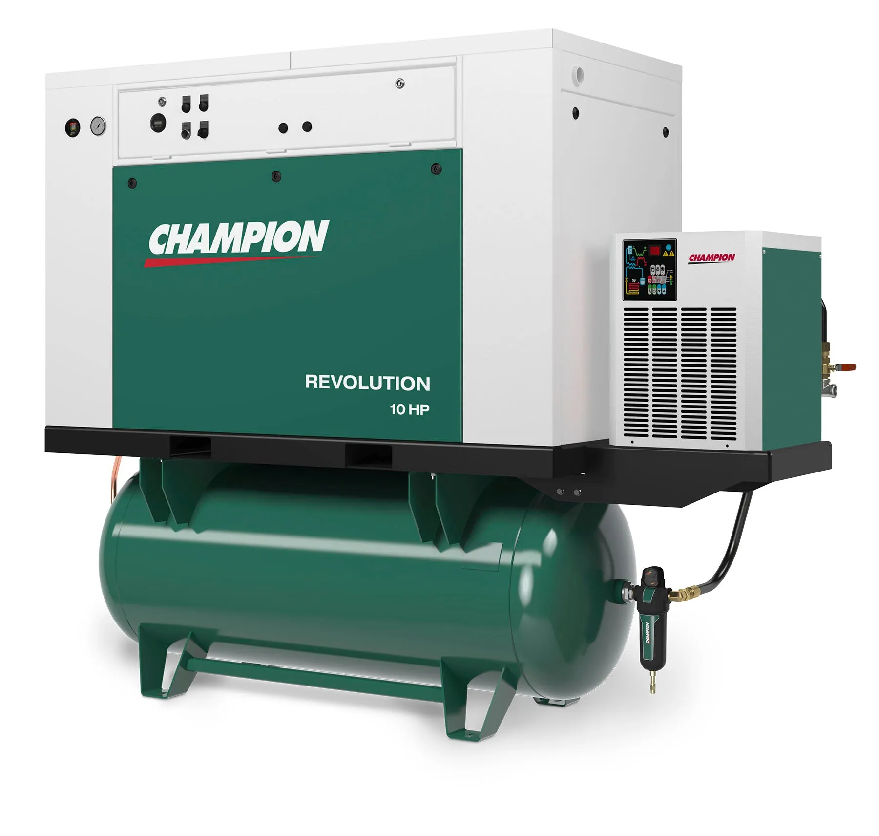 Champion HQR15F-12 Revolution 15hp Quiet Enclosed Reciprocating Air Compressor, 120 Gallon Air Receiver, 46.6 CFM @ 175 PSI, 68 dBa
