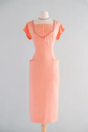 Charming 1950's Just Peachy Wiggle Dress / Sz M
