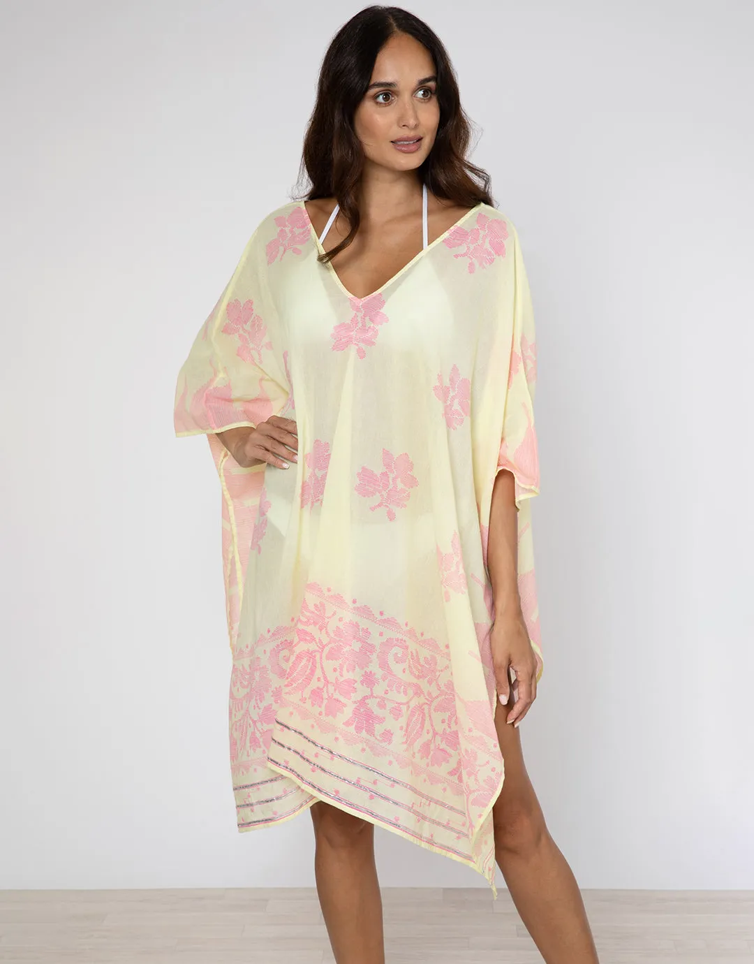 Dhaka Print Poncho - Yellow and Fuchsia