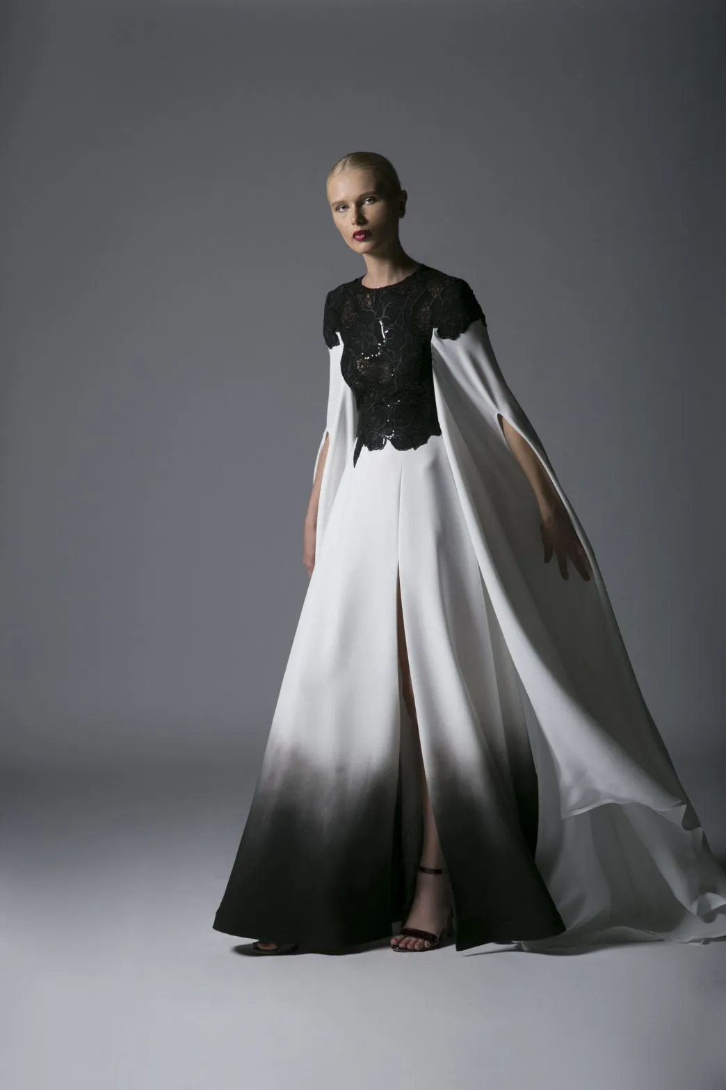 EMBELLISHED ILLUSION CAPE DRESS