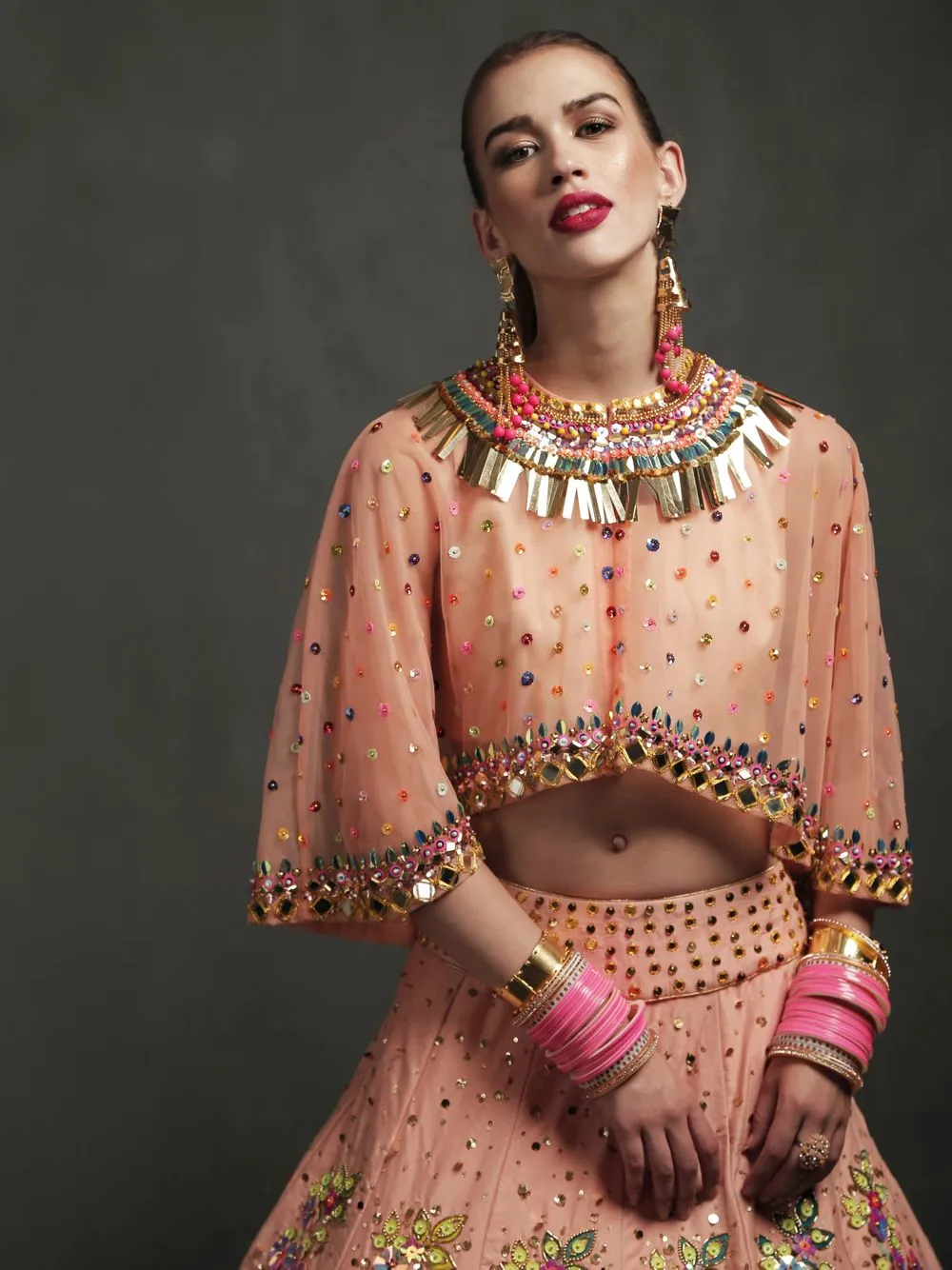 EMBELLISHED SKIRT WITH CAPE AND BLOUSE