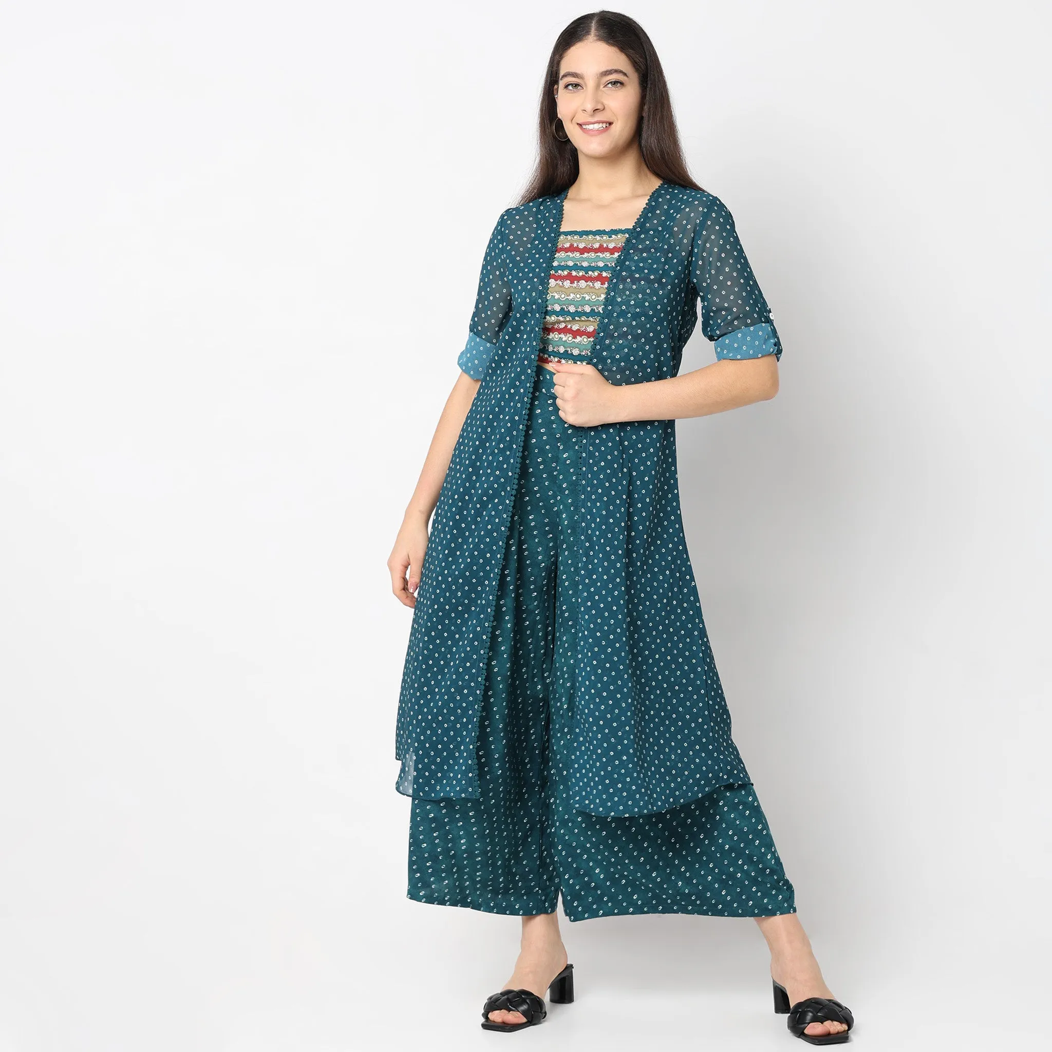 Flare Fit Embellished Top with Palazzo & with Cape Set