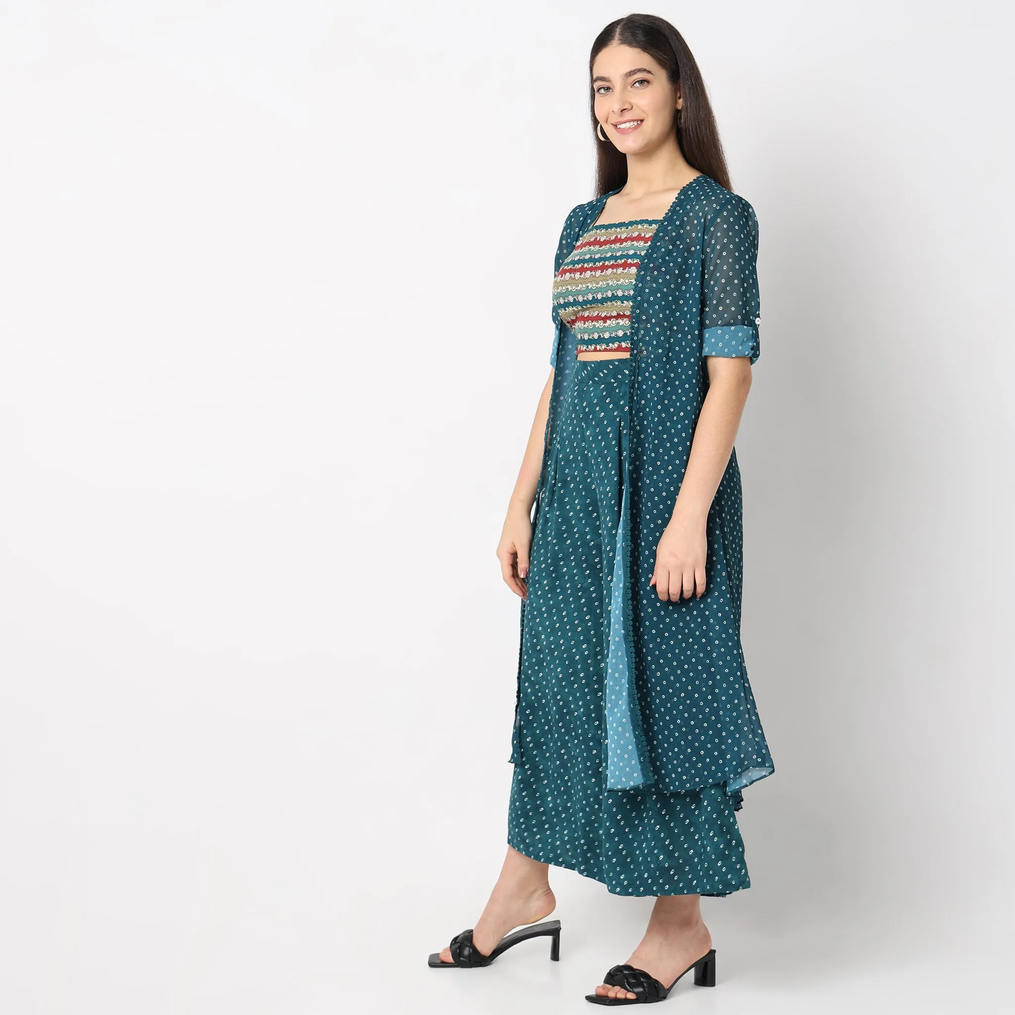 Flare Fit Embellished Top with Palazzo & with Cape Set