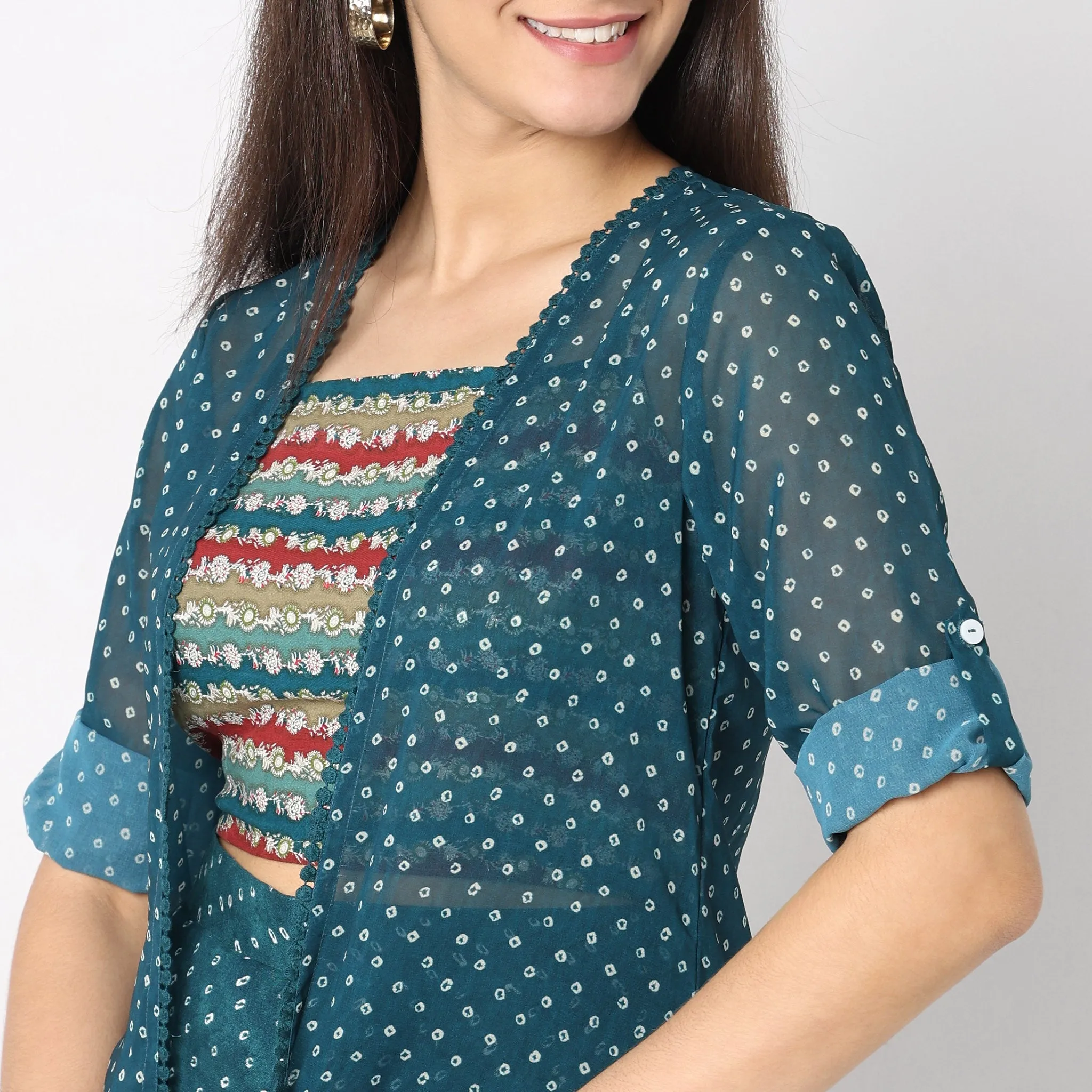 Flare Fit Embellished Top with Palazzo & with Cape Set