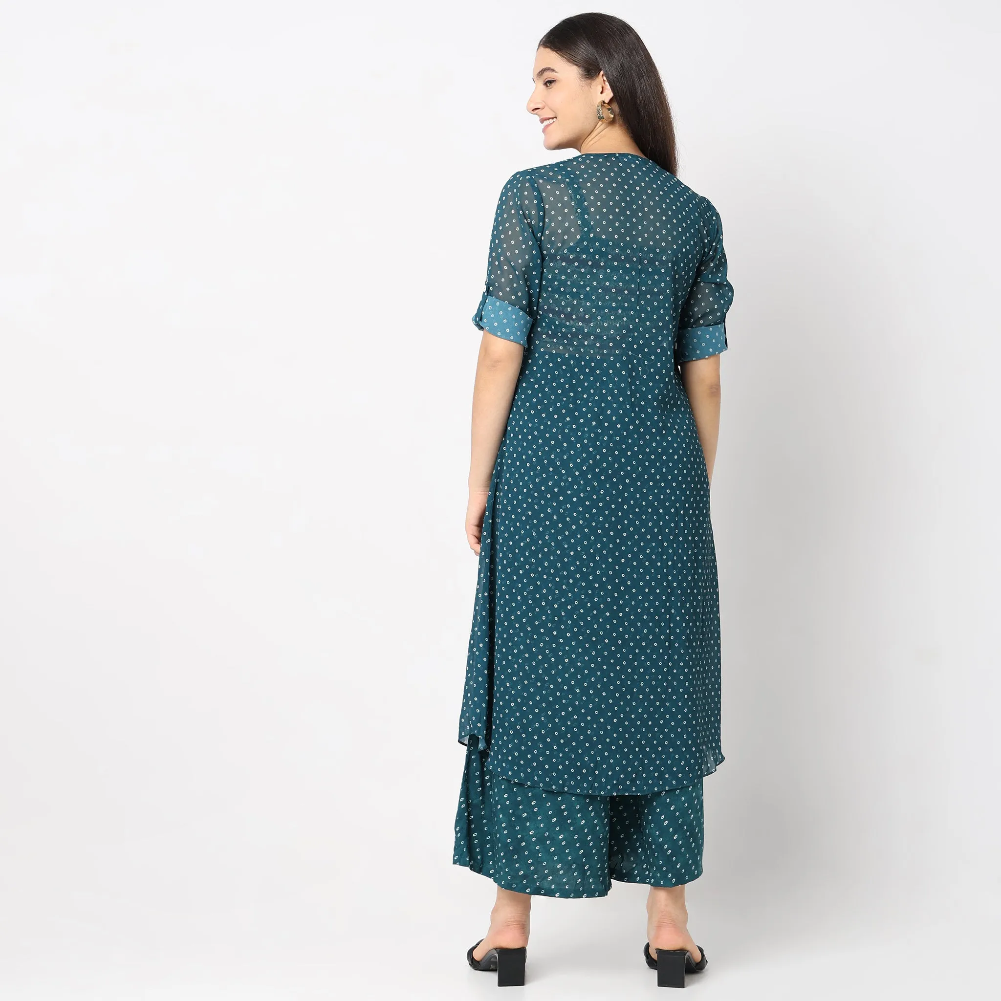 Flare Fit Embellished Top with Palazzo & with Cape Set