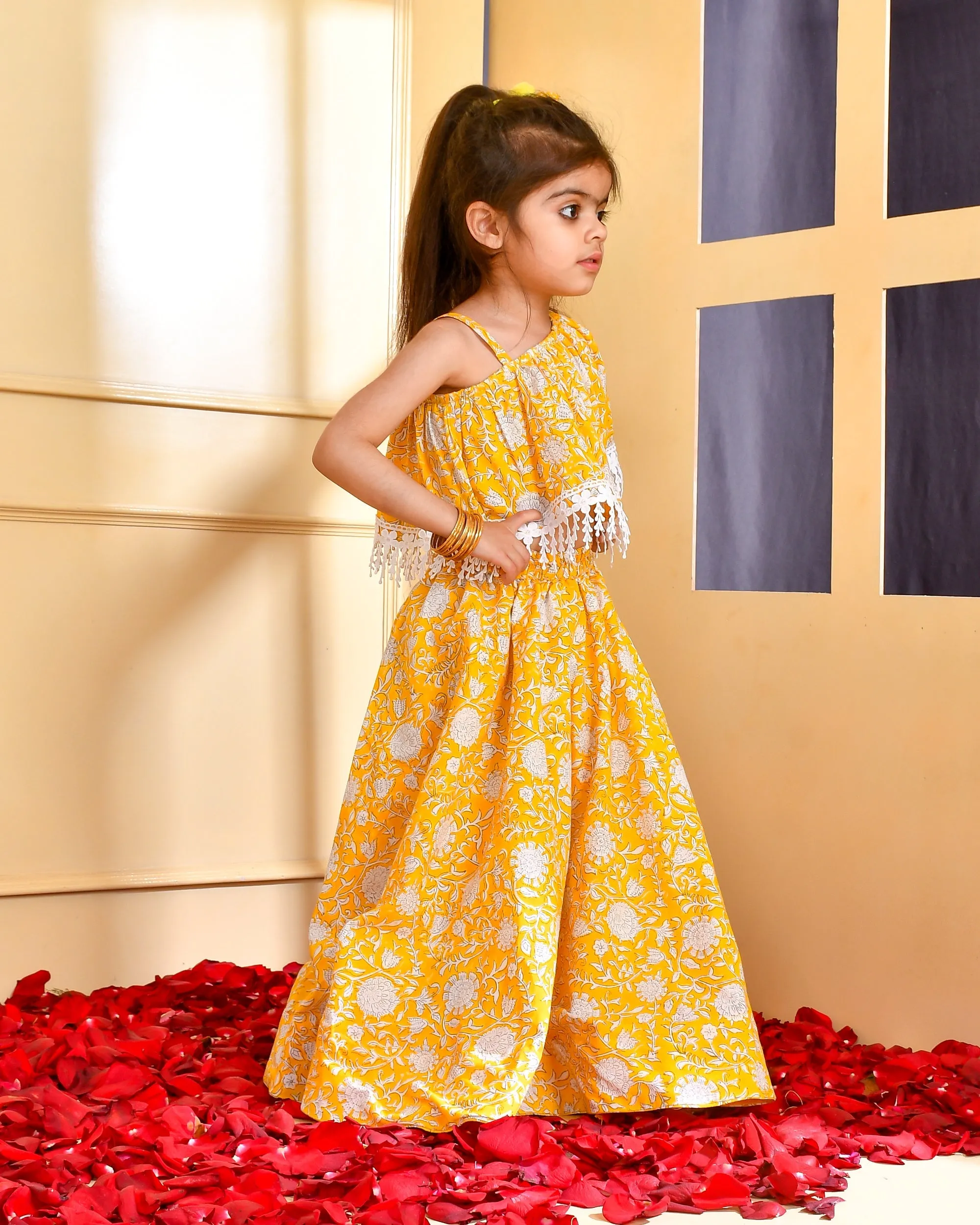Girl's Yellow Block Print Skirt Crop Top Set - Rangpur