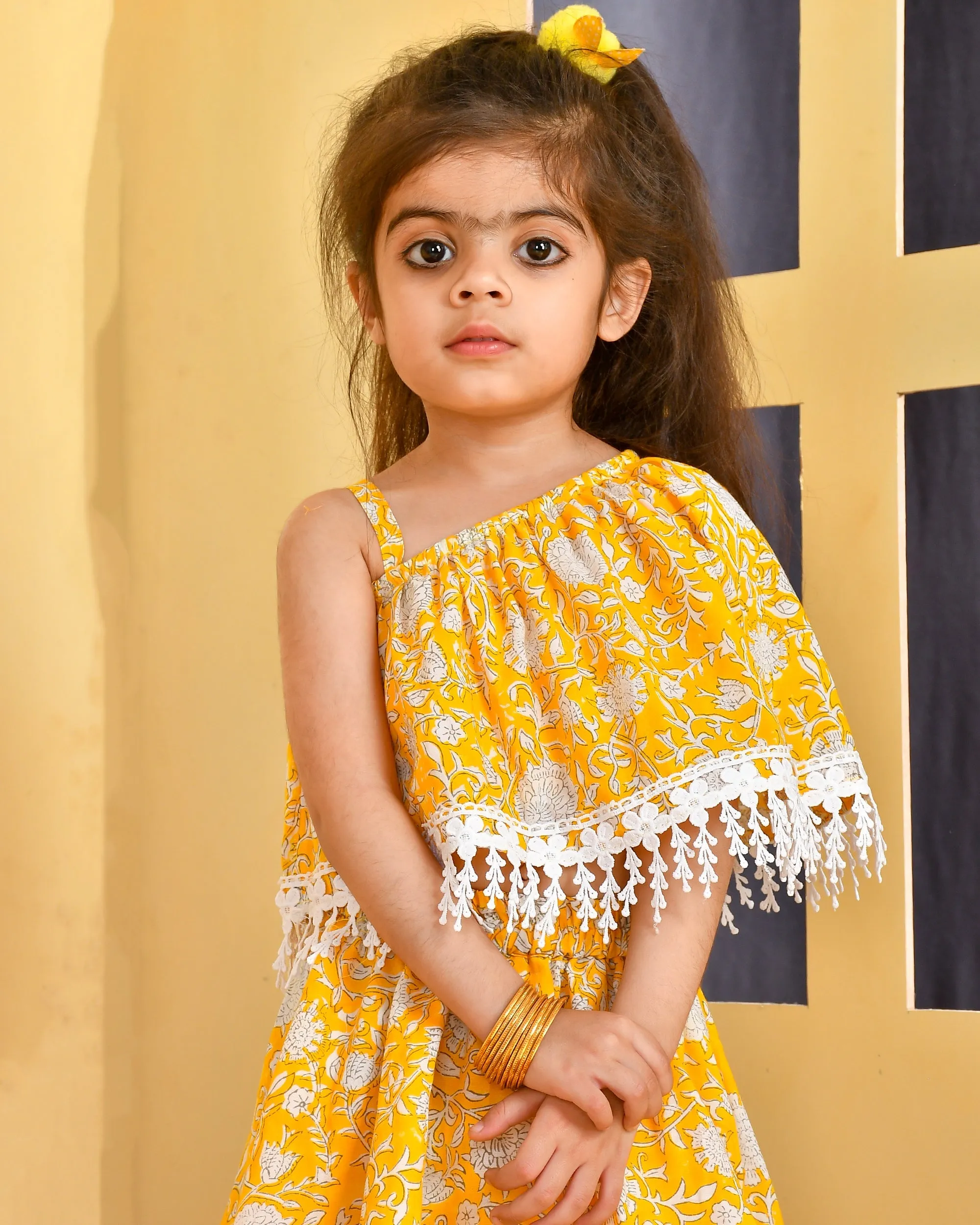 Girl's Yellow Block Print Skirt Crop Top Set - Rangpur