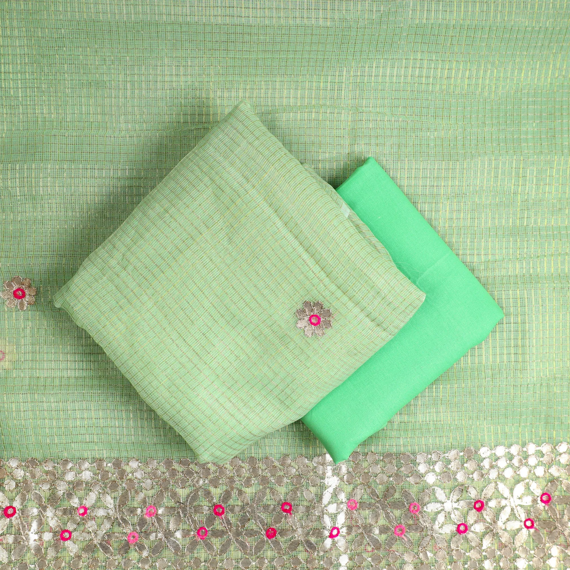 Green - 3pc Cotton Gota Patti Work Kota Doria Dress Material 07