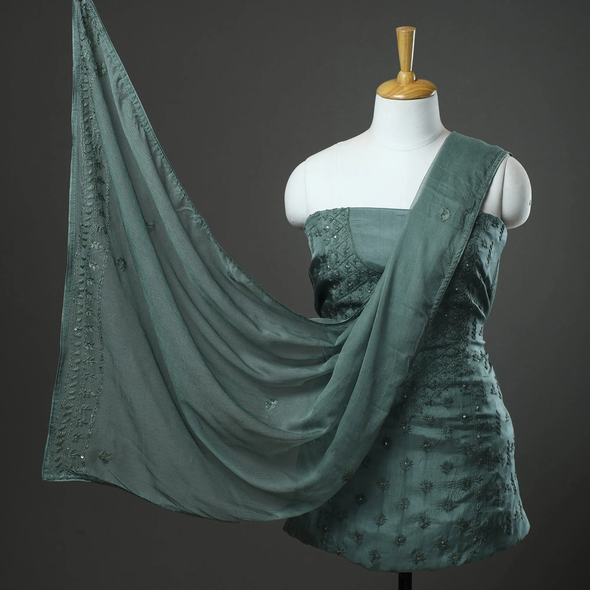 Green - 3pc Hand Embroidery Dupion Silk Phulkari Dress Material 26