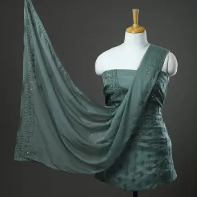 Green - 3pc Hand Embroidery Dupion Silk Phulkari Dress Material 26