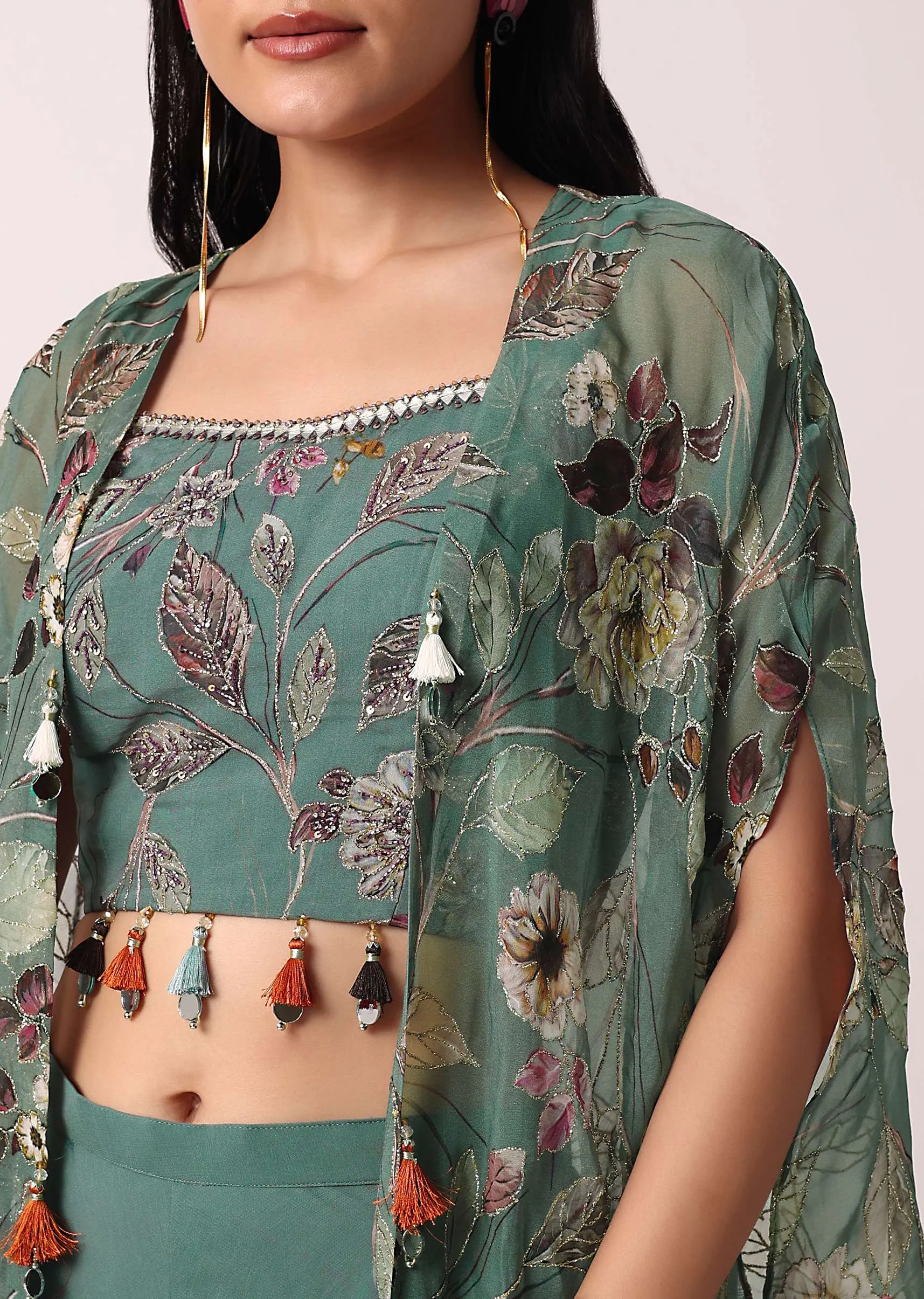 Green Organza Palazzo Set With Printed Jacket