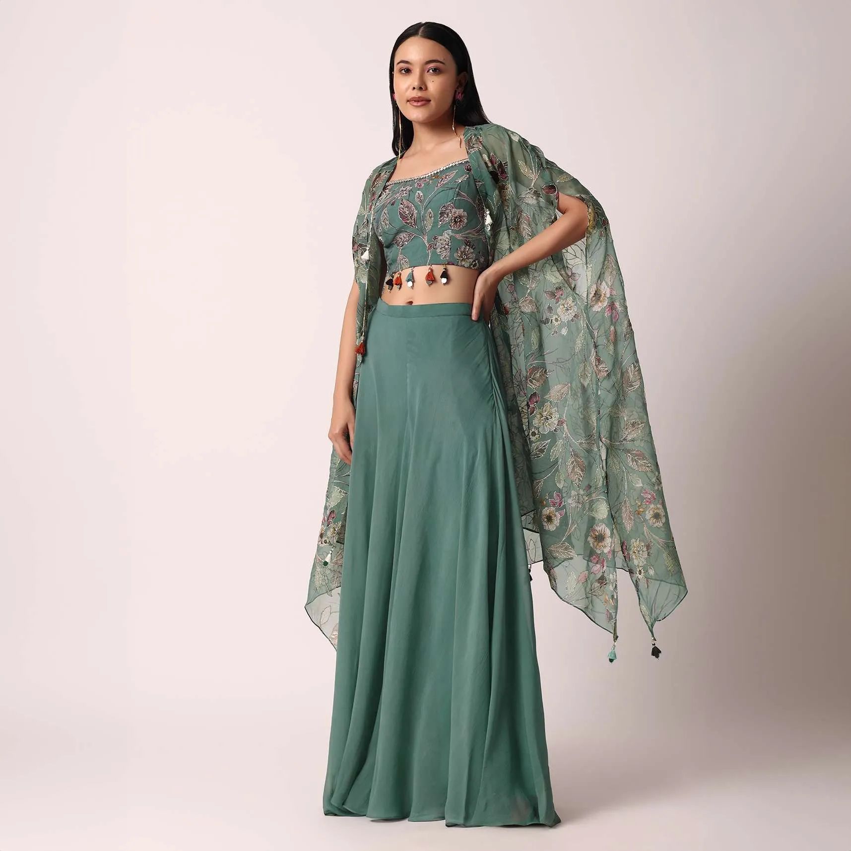 Green Organza Palazzo Set With Printed Jacket