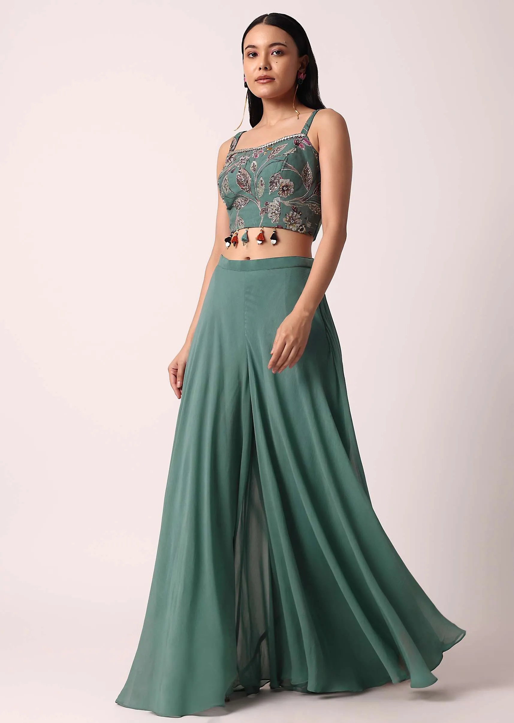 Green Organza Palazzo Set With Printed Jacket