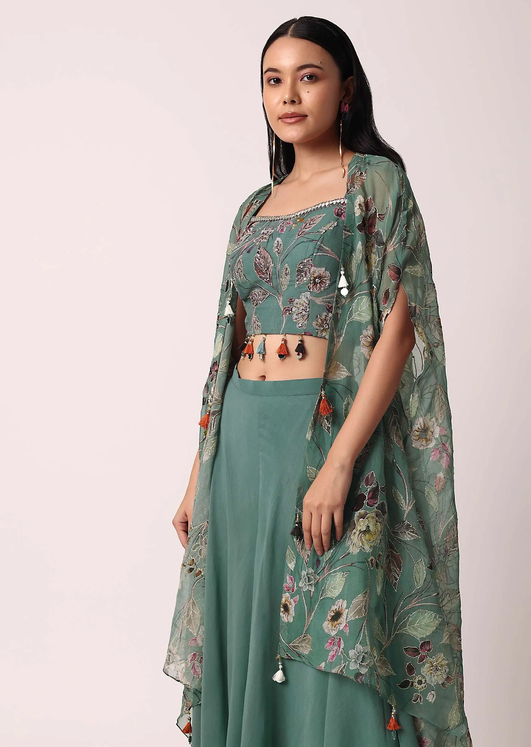 Green Organza Palazzo Set With Printed Jacket