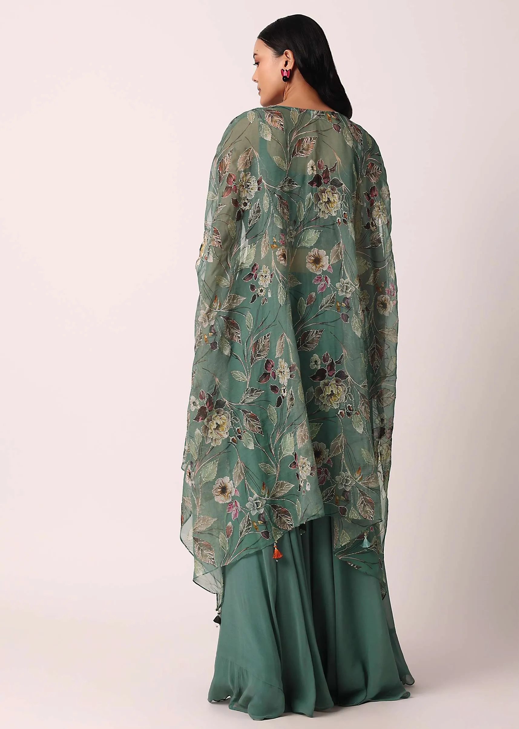 Green Organza Palazzo Set With Printed Jacket