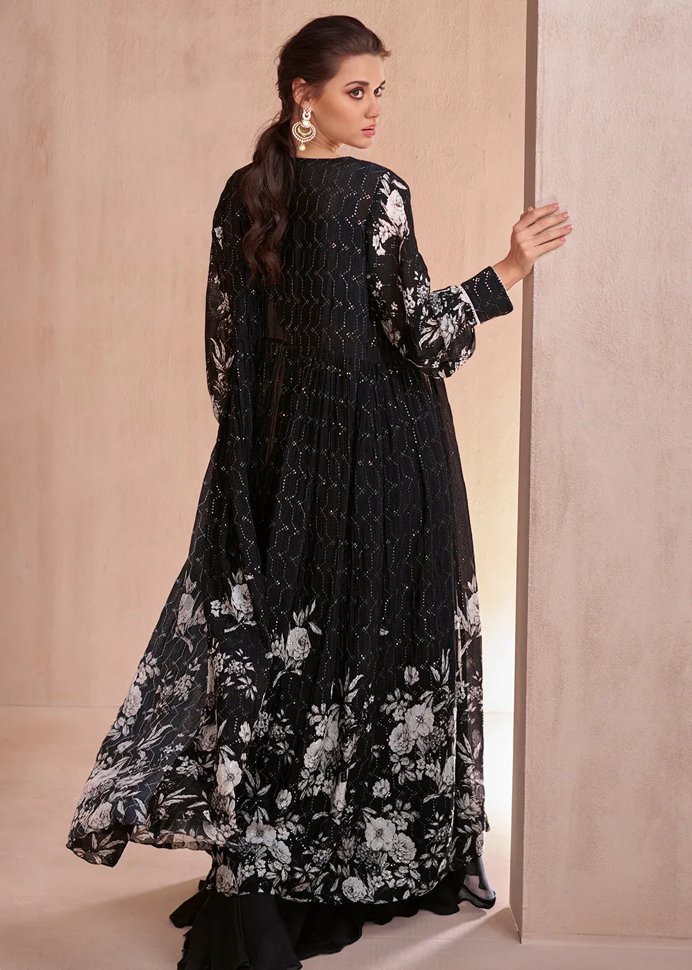 Indo Western Style Black Party Wear Palazzo Suit