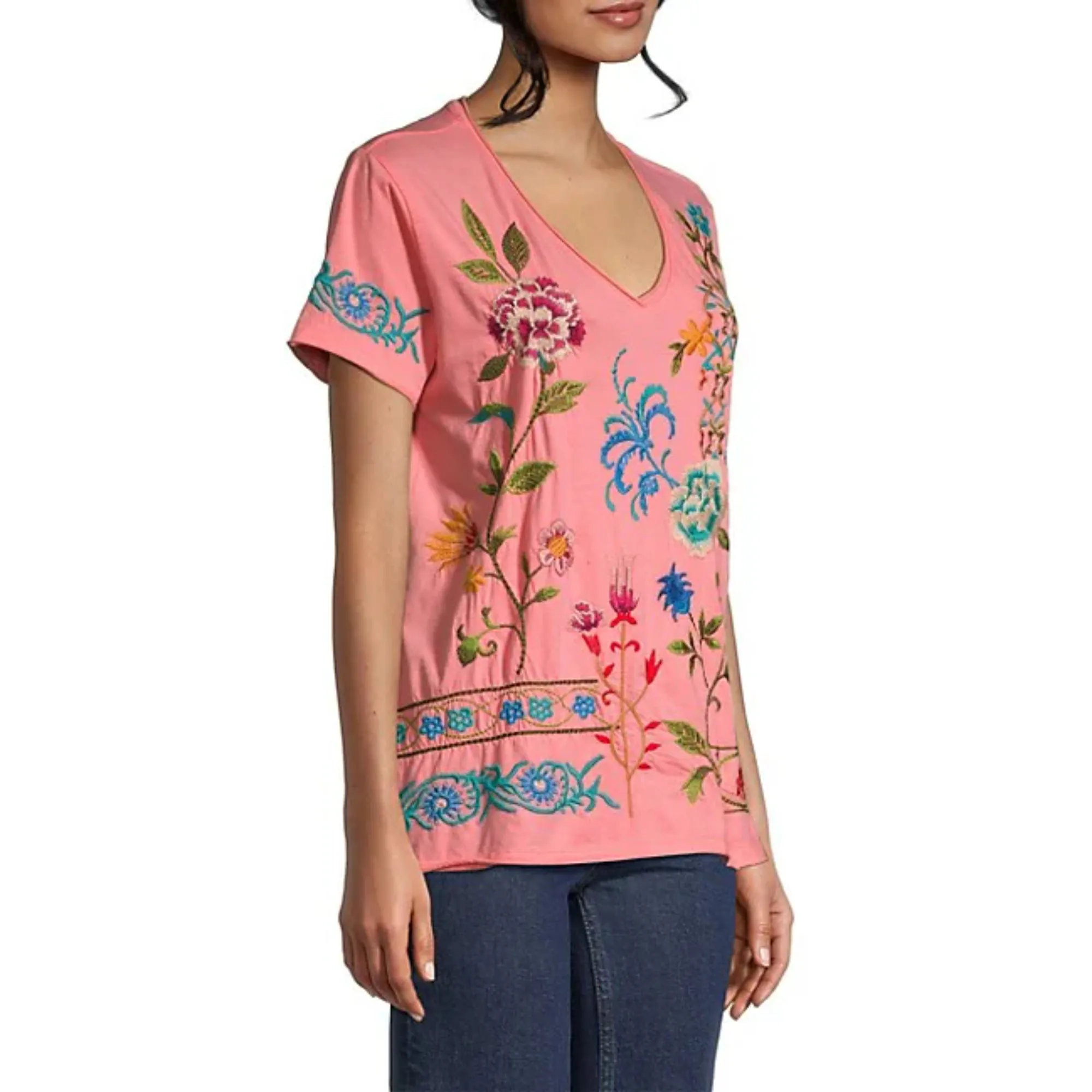 Johnny Was Sheri Everyday Tee Short Sunset Pink Embroidered Floral Shirt Top Small NEW