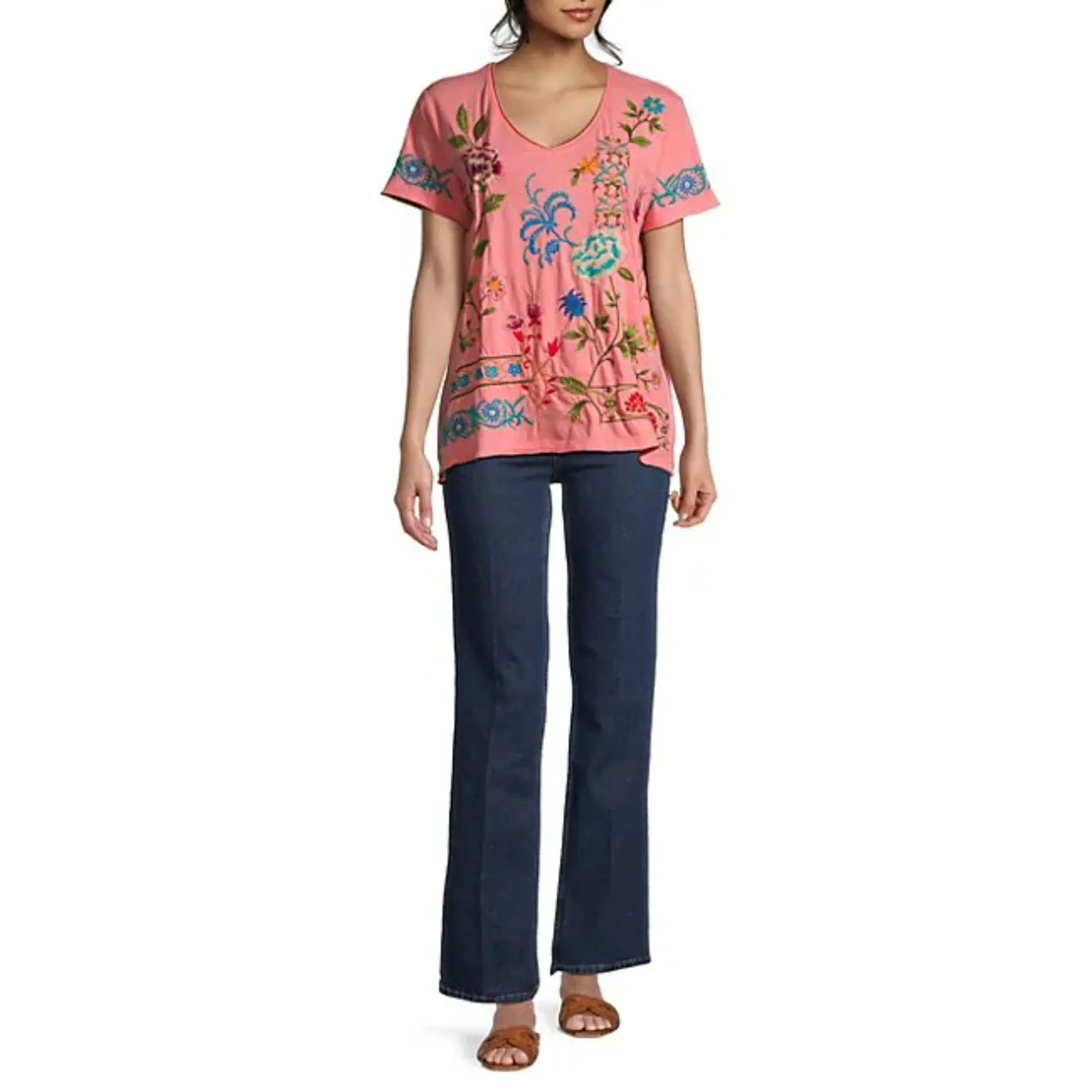 Johnny Was Sheri Everyday Tee Short Sunset Pink Embroidered Floral Shirt Top Small NEW