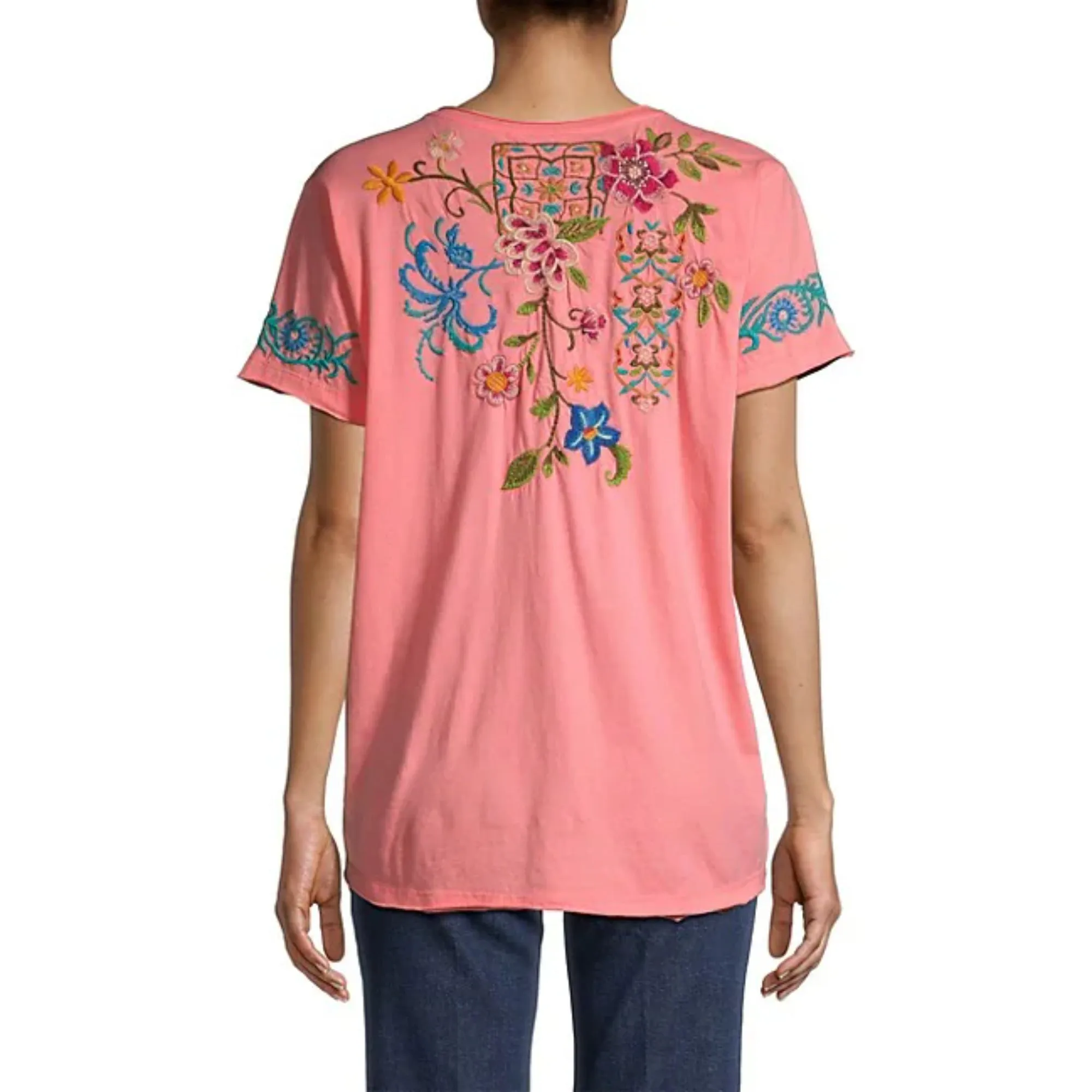 Johnny Was Sheri Everyday Tee Short Sunset Pink Embroidered Floral Shirt Top Small NEW