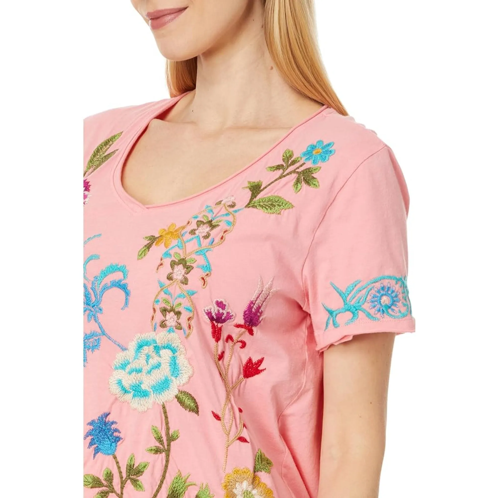 Johnny Was Sheri Everyday Tee Short Sunset Pink Embroidered Floral Shirt Top Small NEW