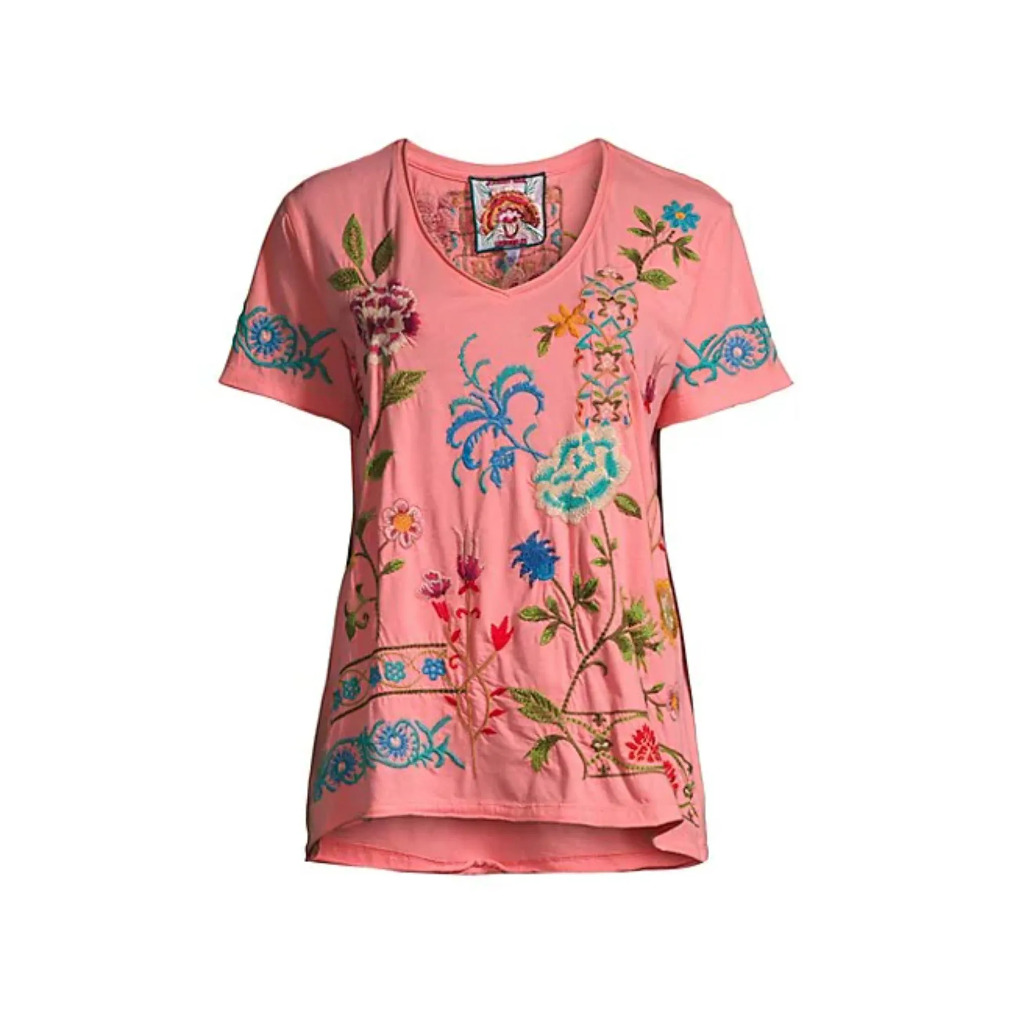 Johnny Was Sheri Everyday Tee Short Sunset Pink Embroidered Floral Shirt Top Small NEW