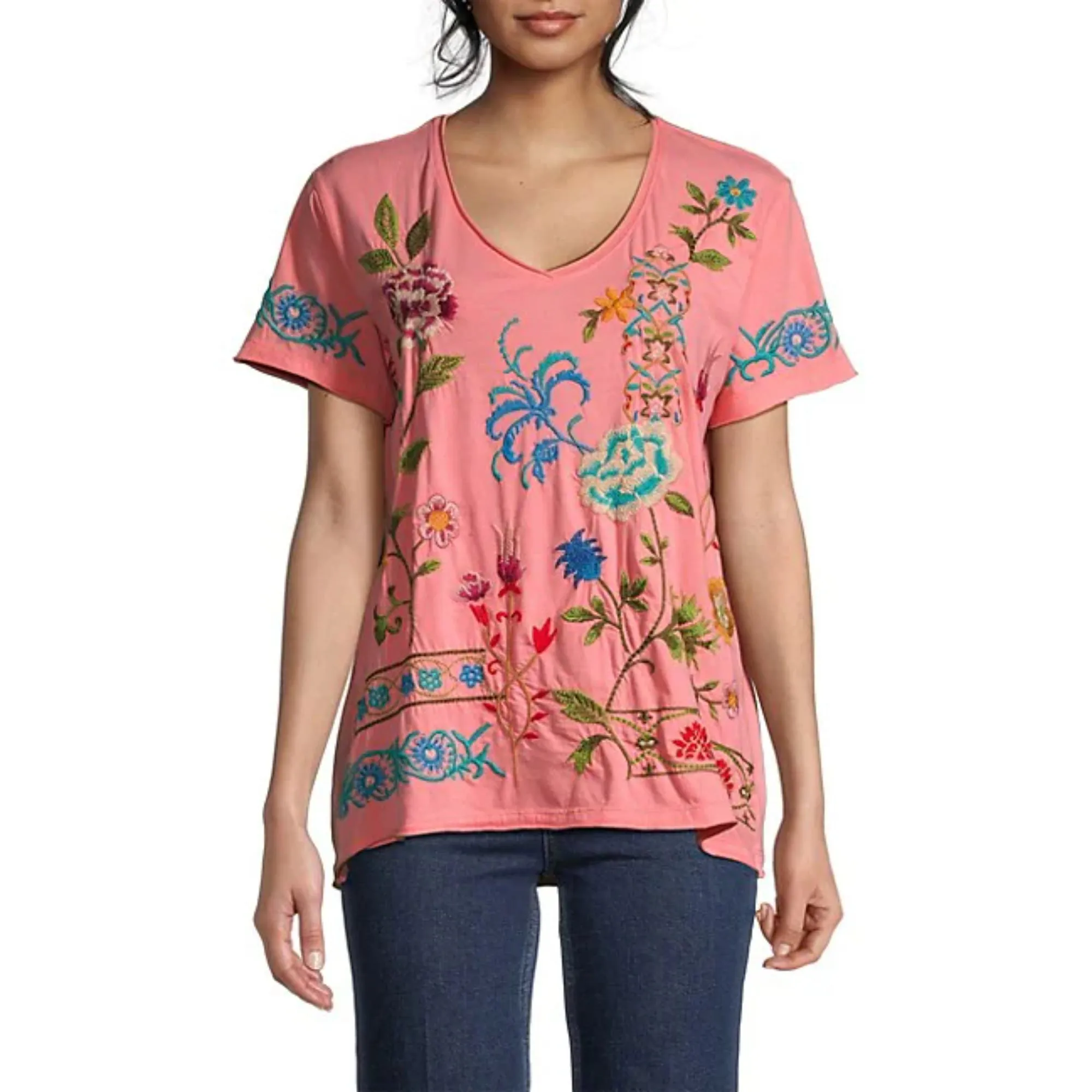 Johnny Was Sheri Everyday Tee Short Sunset Pink Embroidered Floral Shirt Top Small NEW