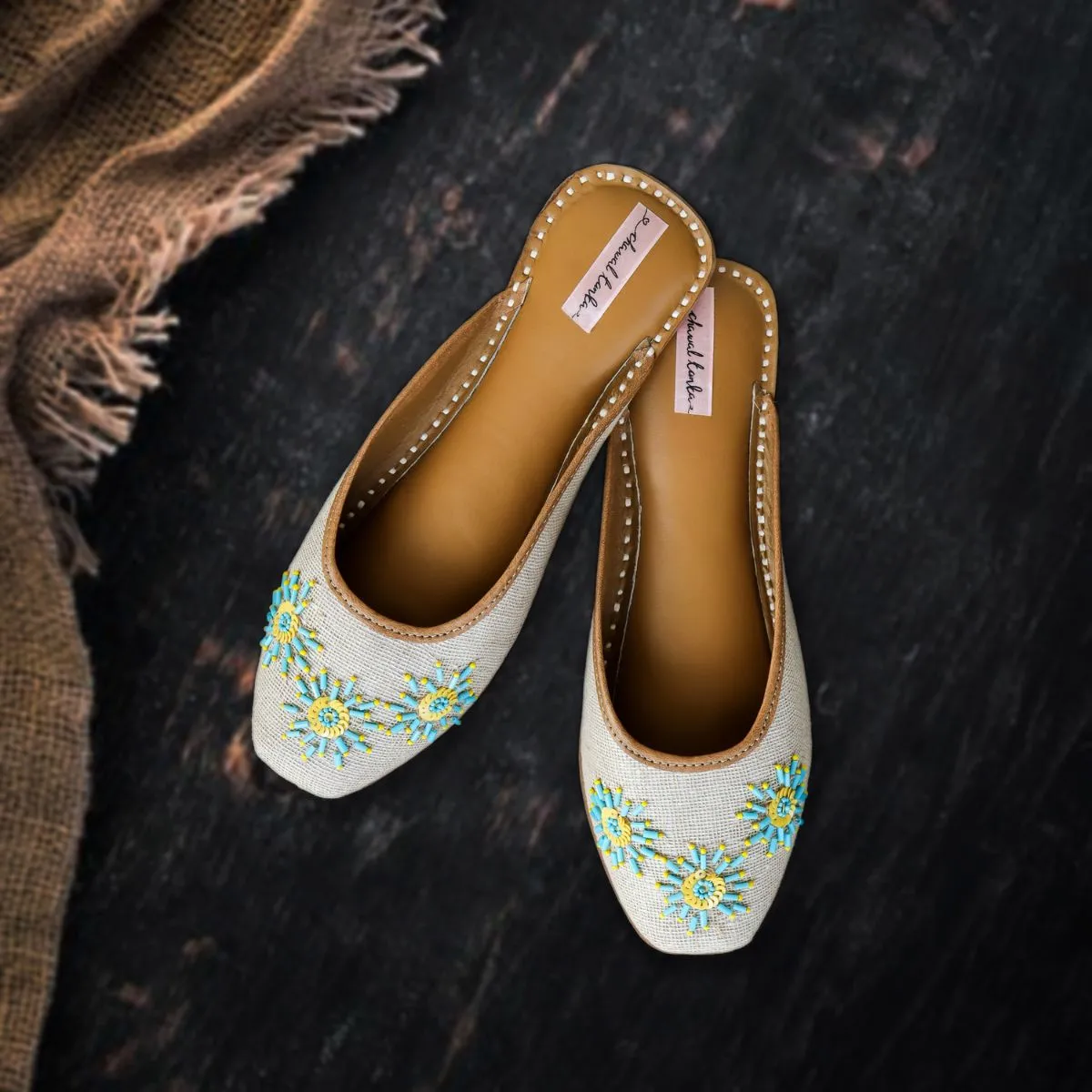 Jute Beige Women Jutti | Bead Embellished | Exquisite Craftsmanship