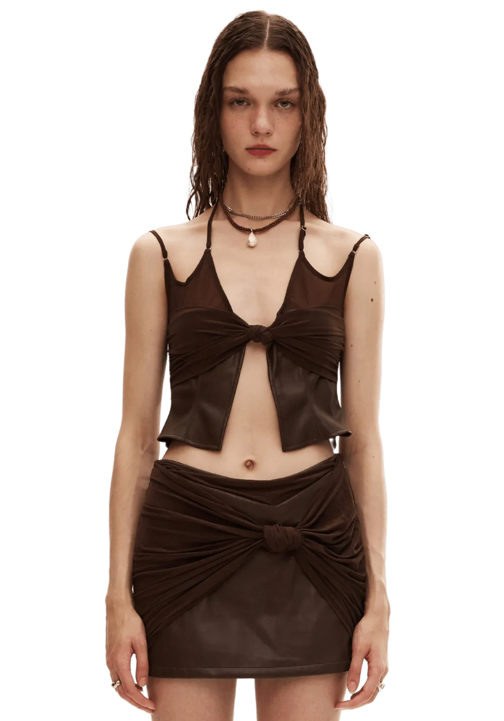 Knitted Patchwork Leather Knot Strap Top