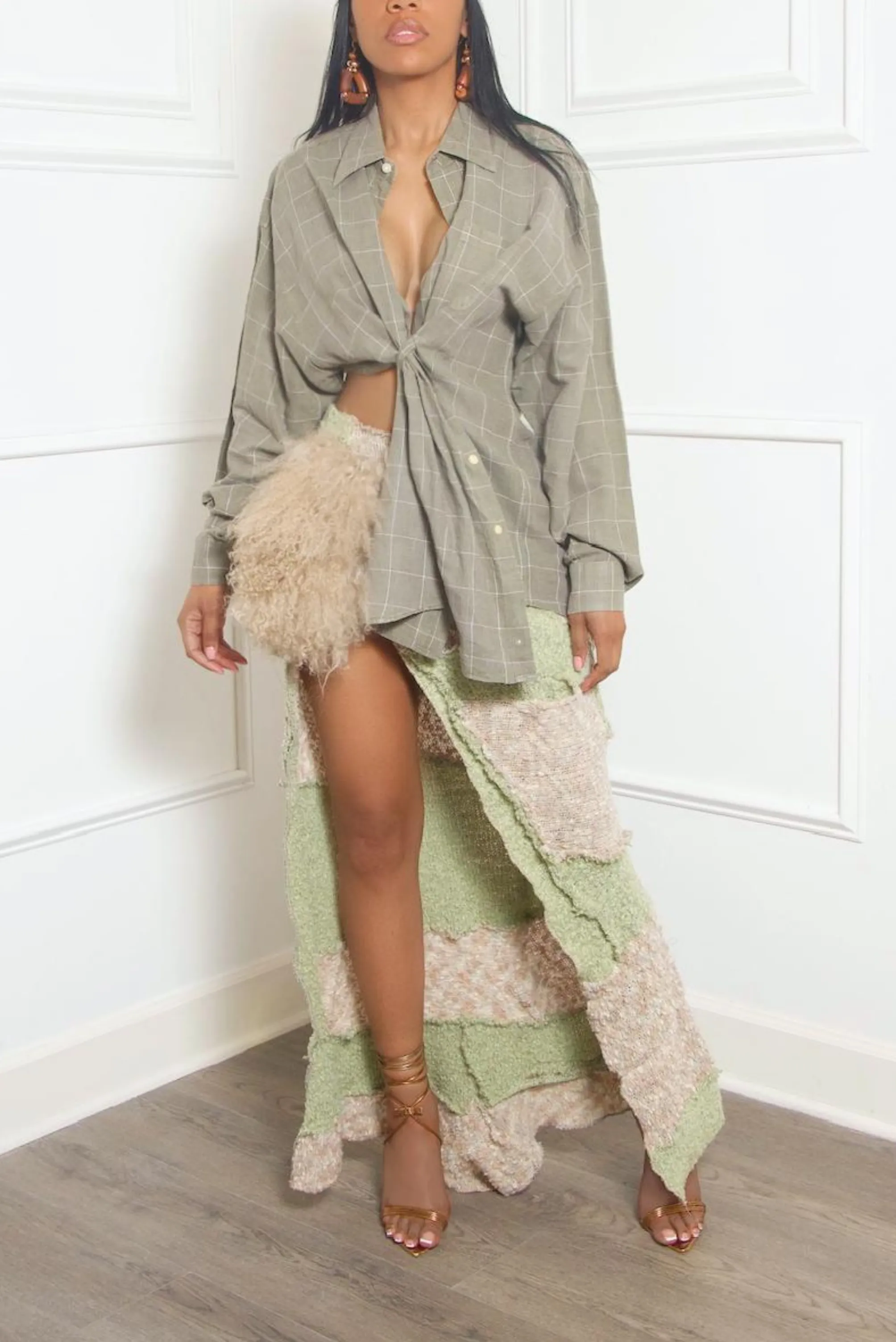 Moss Green plaid button up split crossover Shirt