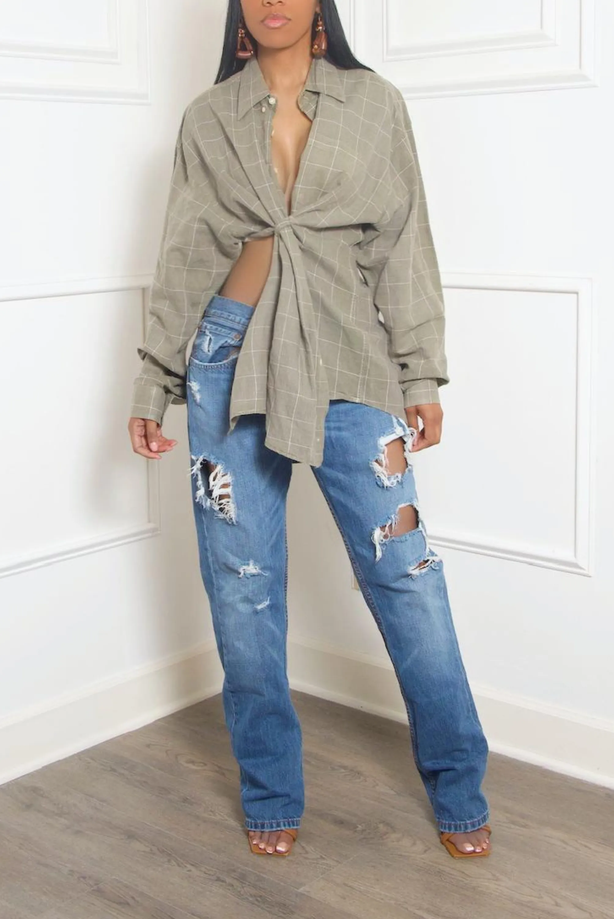 Moss Green plaid button up split crossover Shirt
